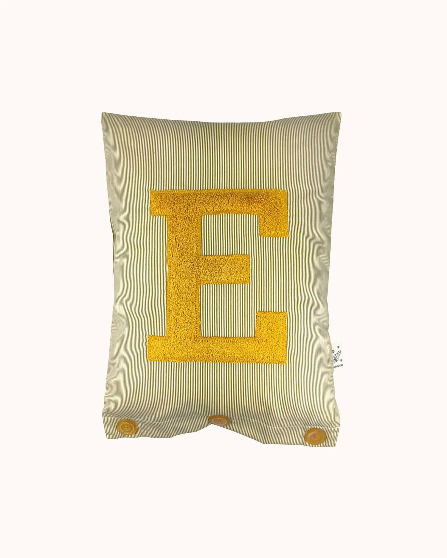 Letter Cushion Mustard Yellow on small olive/white Stripes