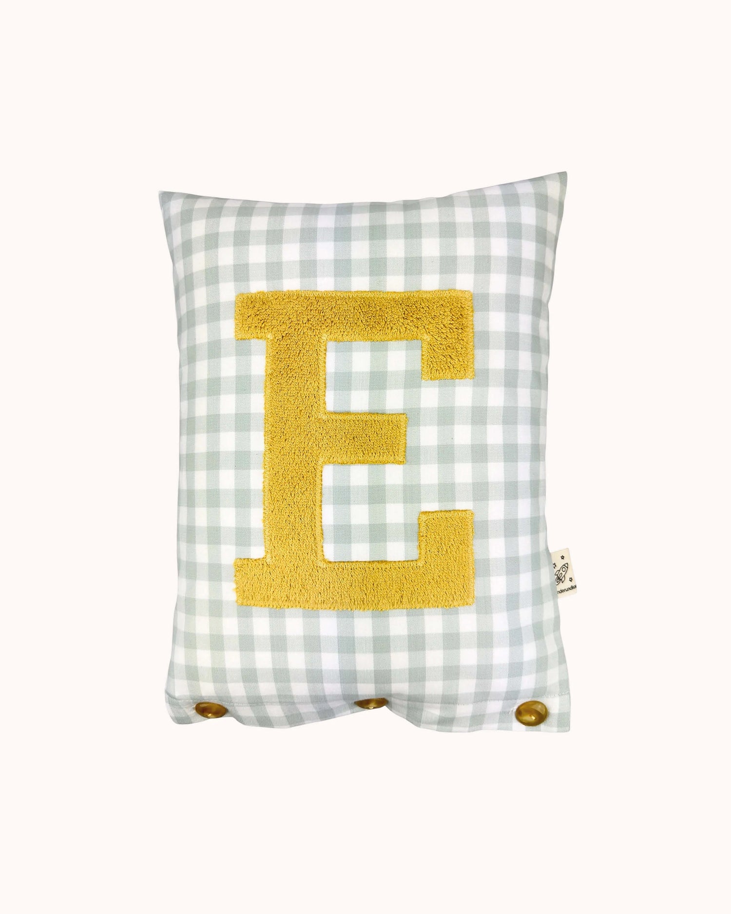 Letter Cushion E – Brass on Sage Gingham