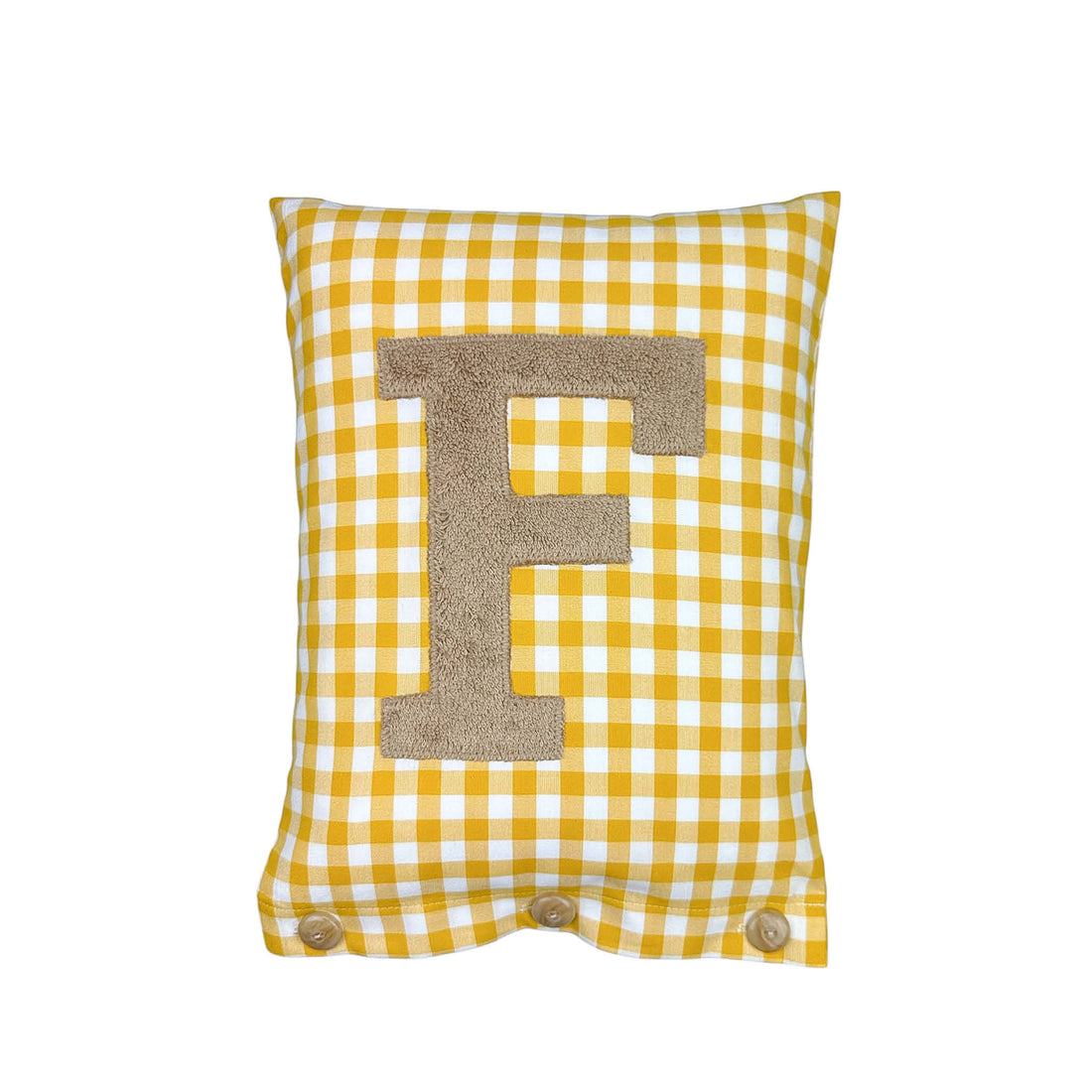 Letter Cushion Dark Beige on yellow Gingham