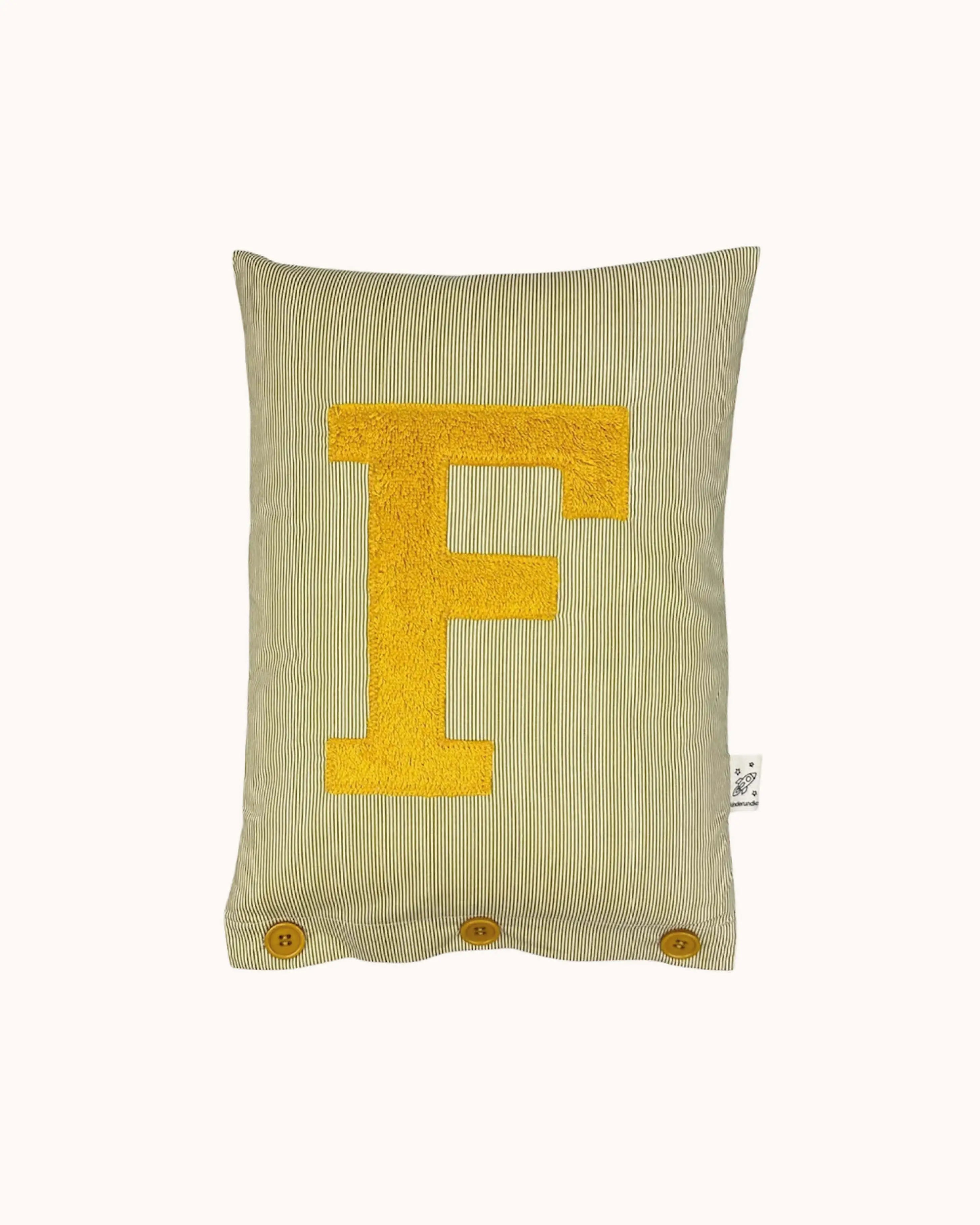 Letter Cushion Mustard Yellow on small olive/white Stripes