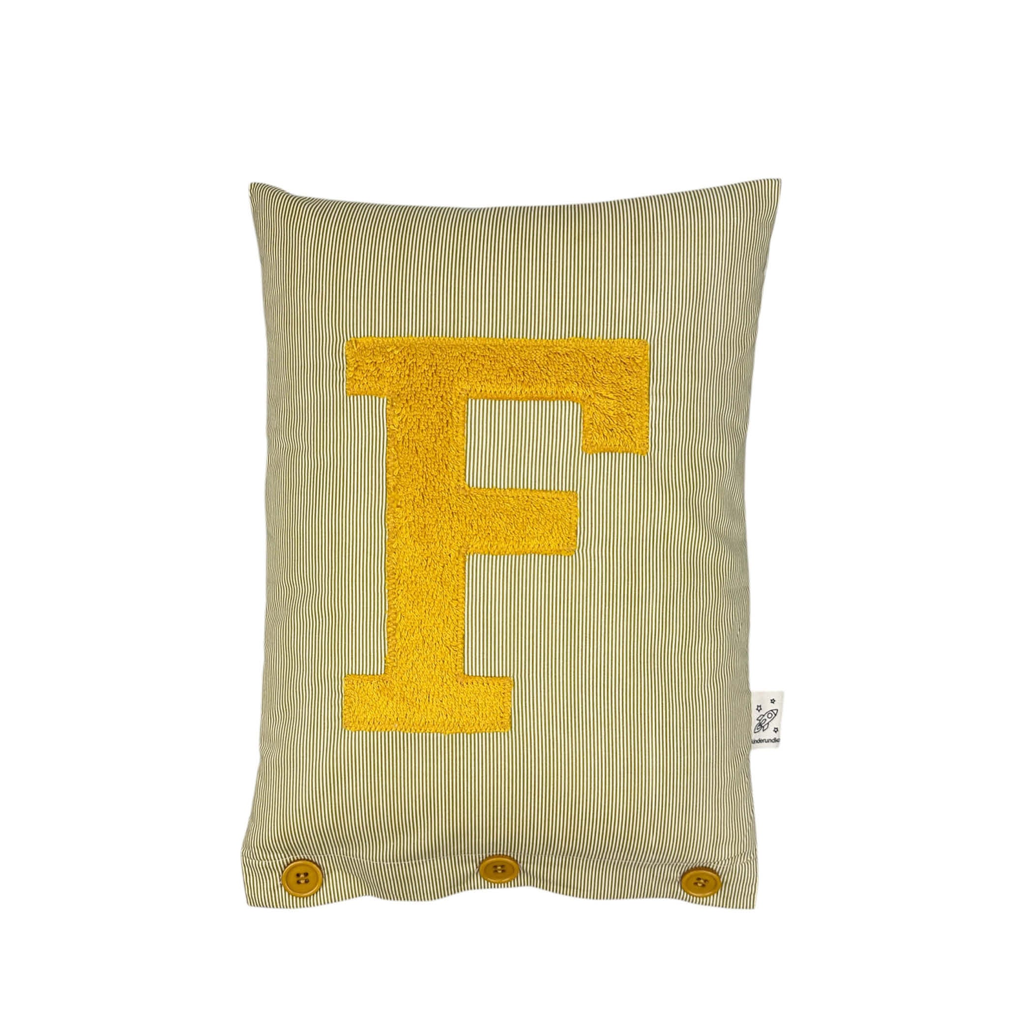 Letter Cushion Mustard Yellow on small olive/white Stripes
