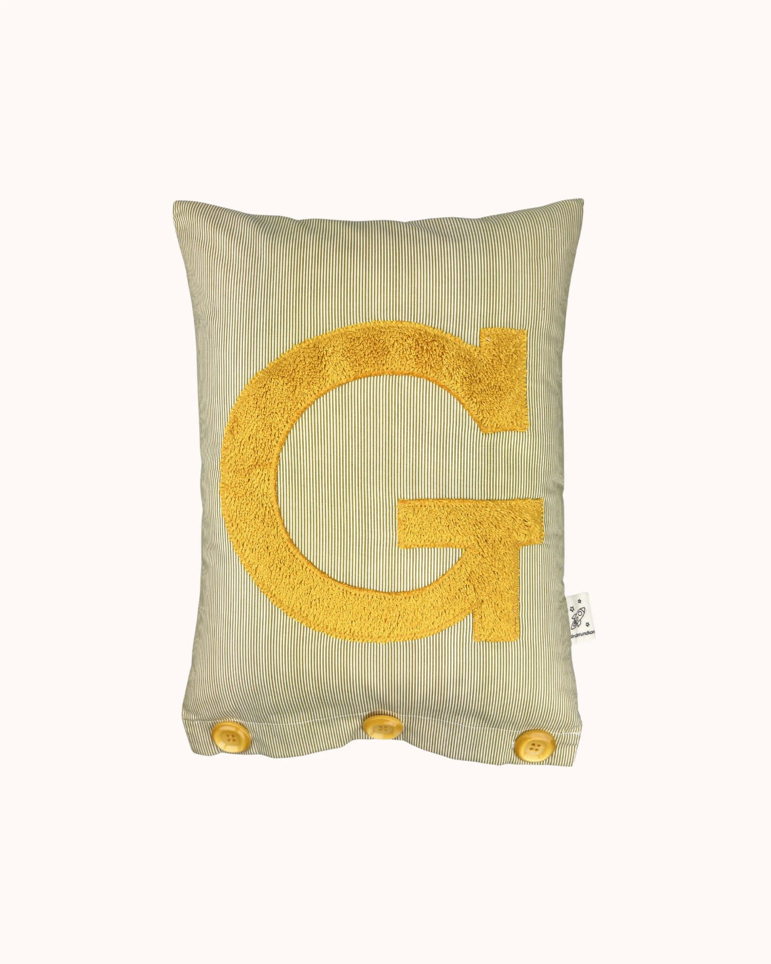 Letter Cushion Mustard Yellow on small olive/white Stripes