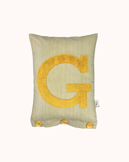 Letter Cushion Mustard Yellow on small olive/white Stripes