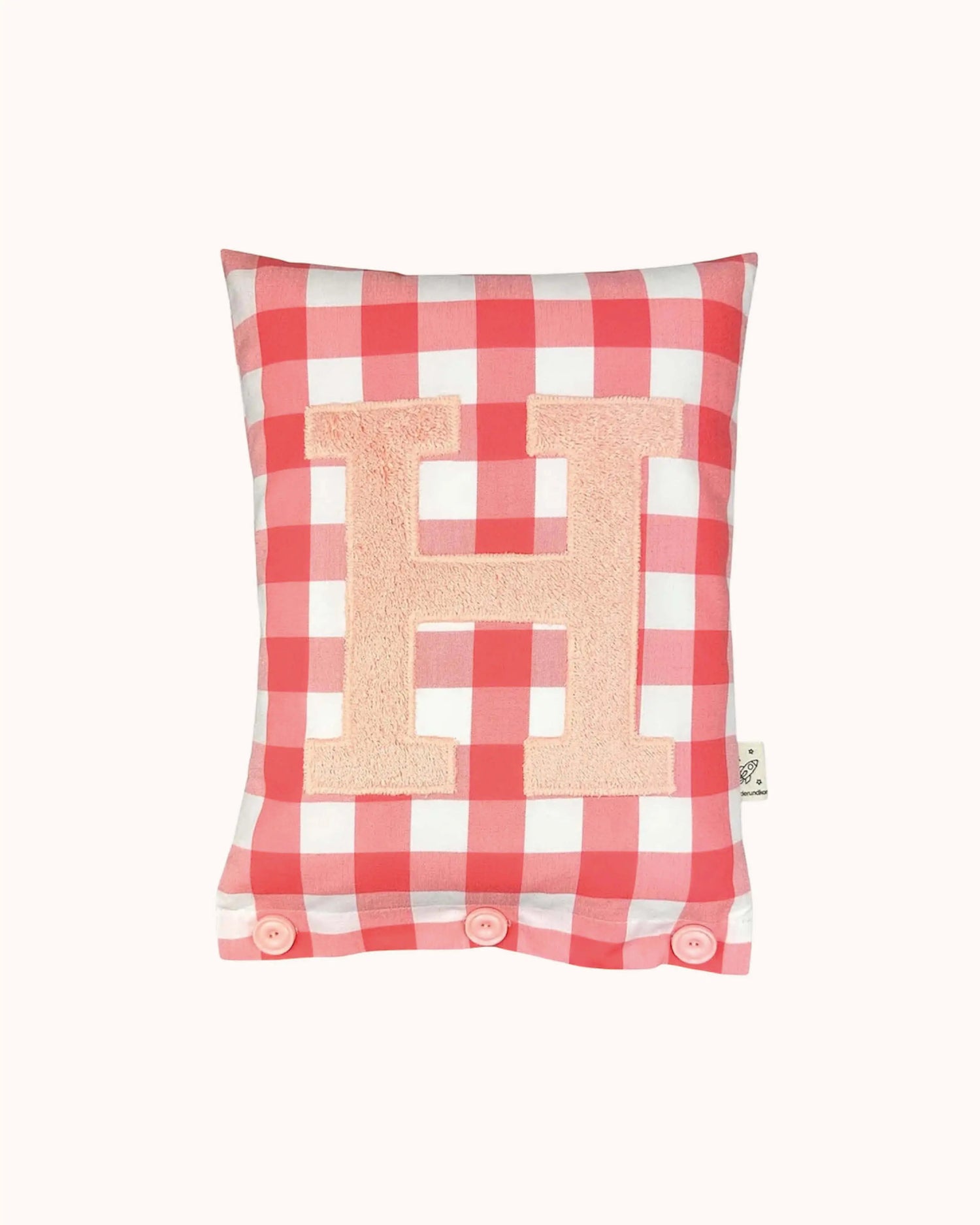 Buchstabenkissen H – Apricot auf großem korallroten Vichykaro