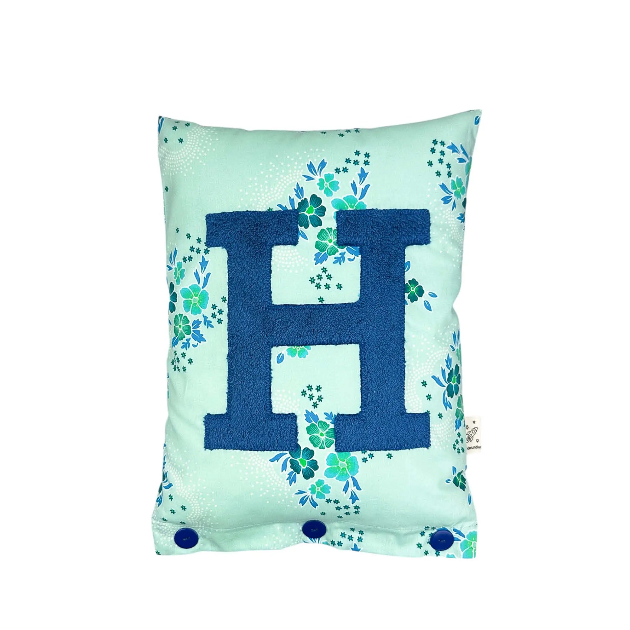 Letter Cushion H – prussian Blue on Turquoise with blue Flowers