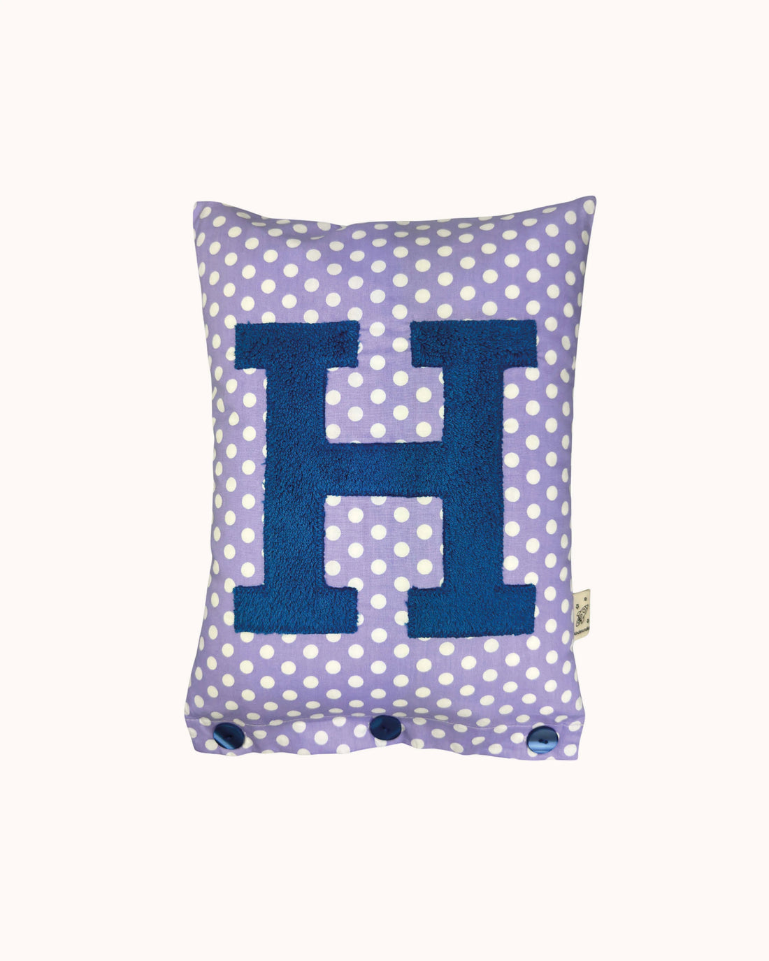 Letter Cushion Blue Grey on Purple with white Dots