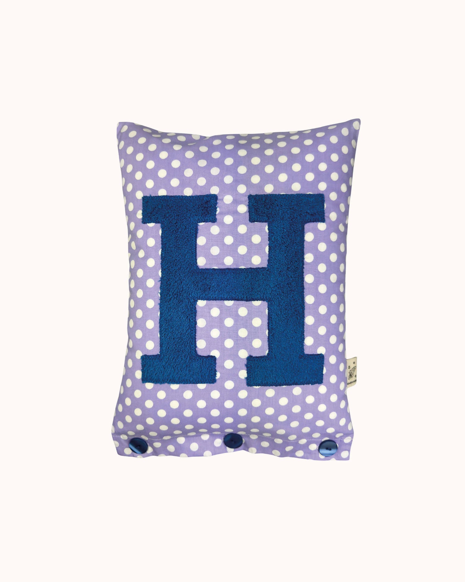 Letter Cushion Blue Grey on Purple with white Dots