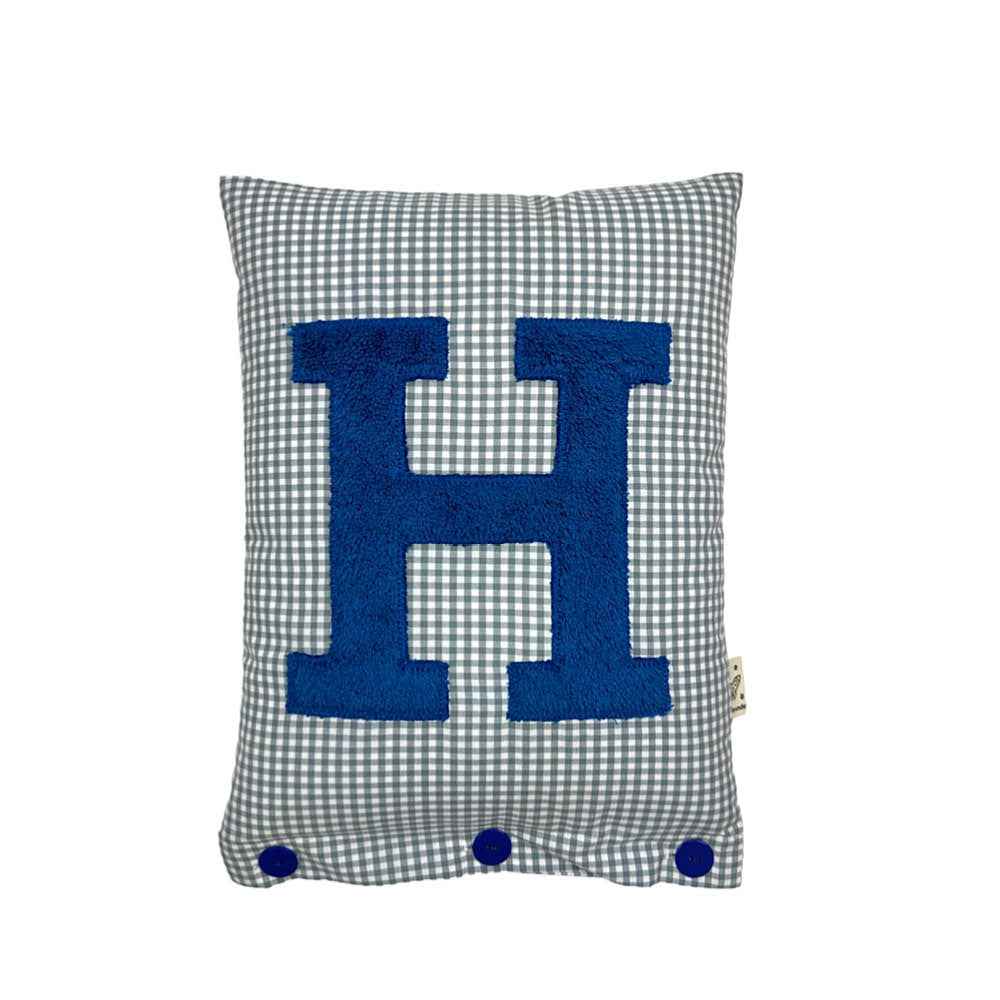 Letter Cushion H, Prussian Blue on Grey Gingham