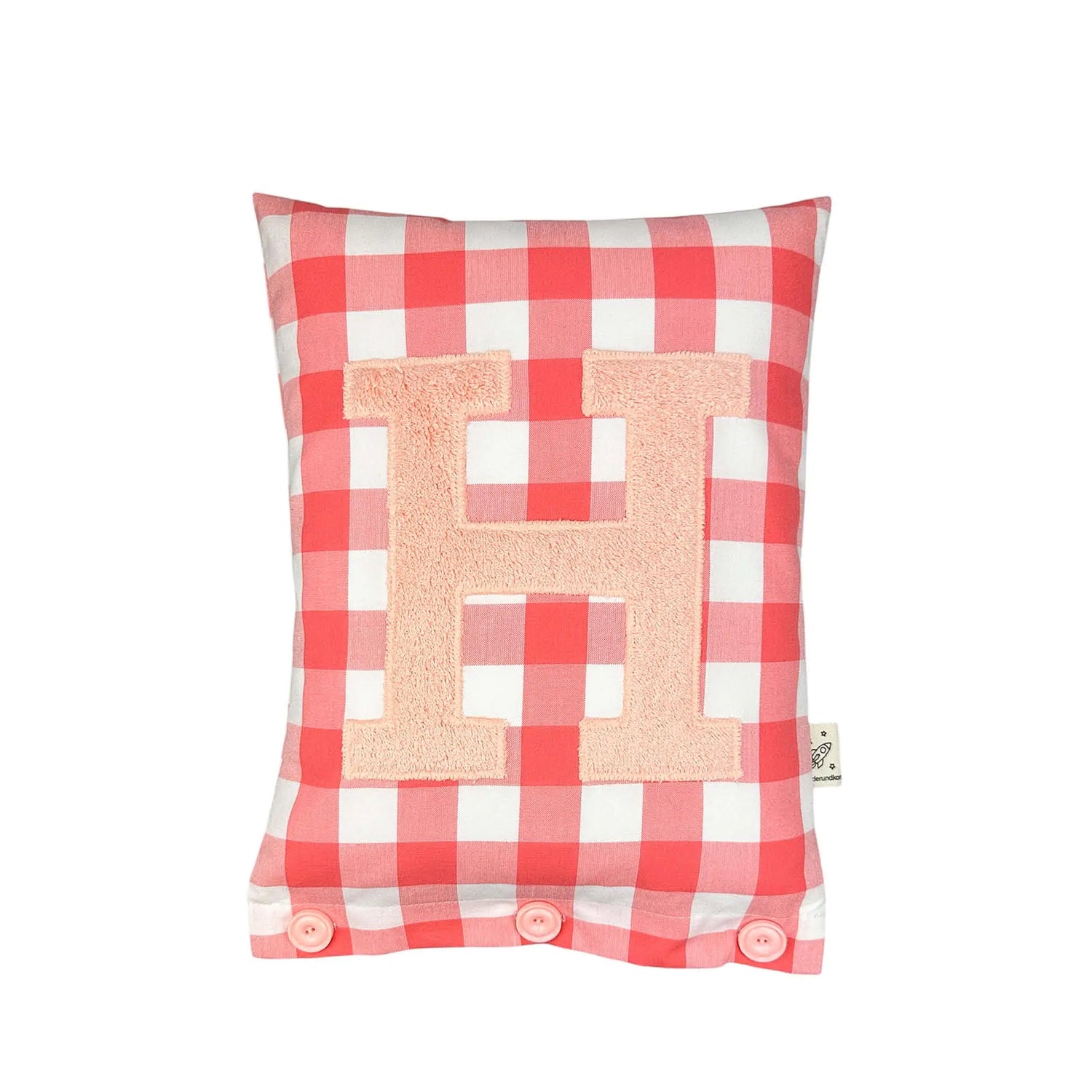 Letter Cushion H – Apricot on a large coral-red Gingham