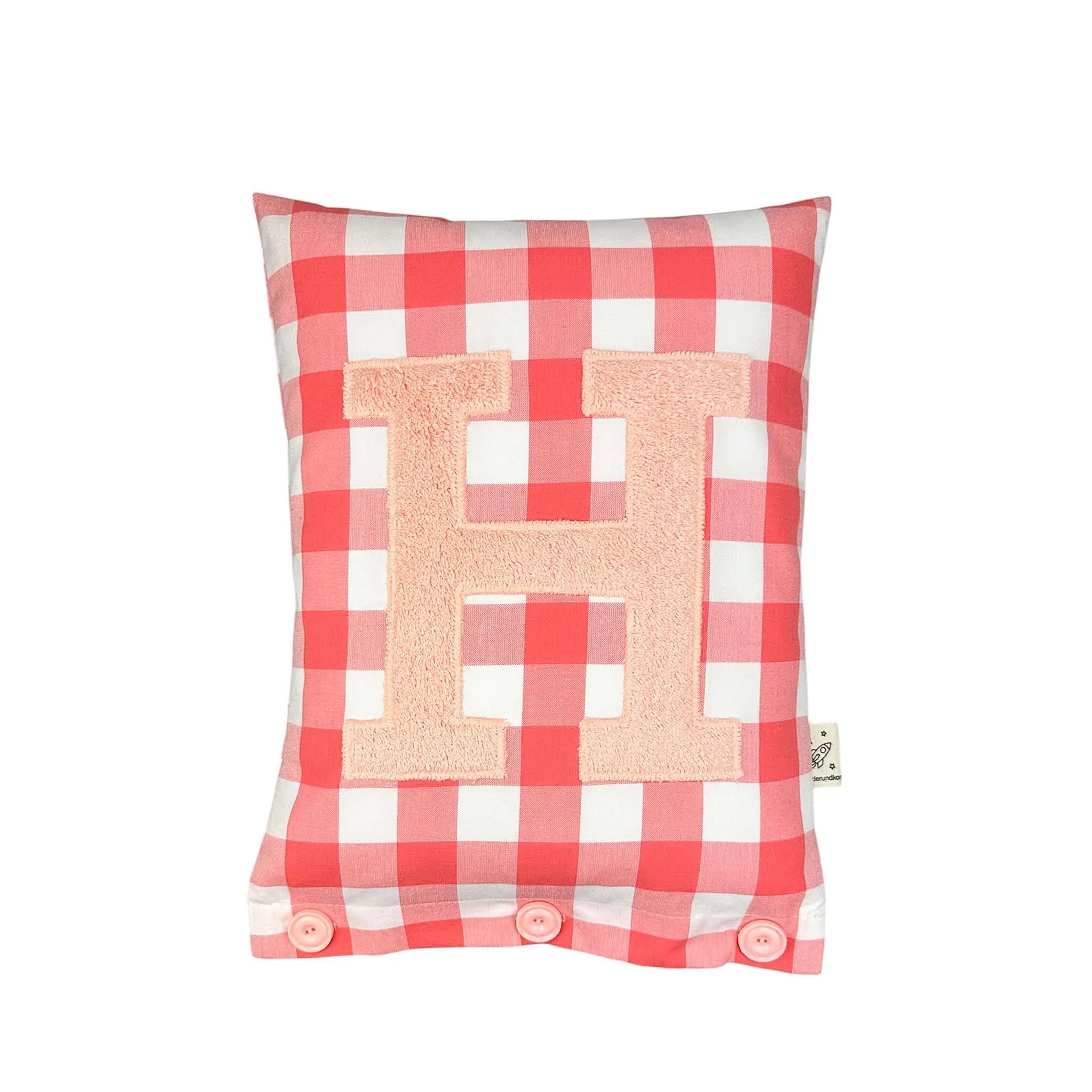 Letter Cushion H – Apricot on a large coral-red Gingham