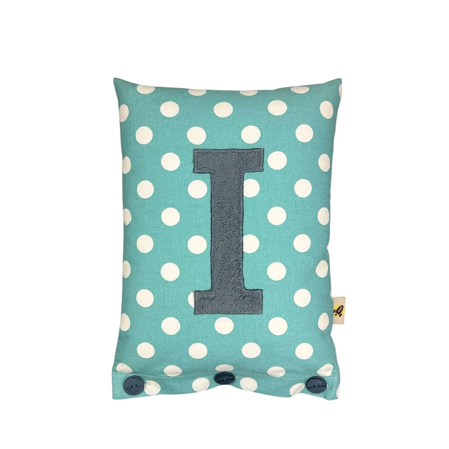 Letter Cushion I – Blue grey on Turquoise with white Dots