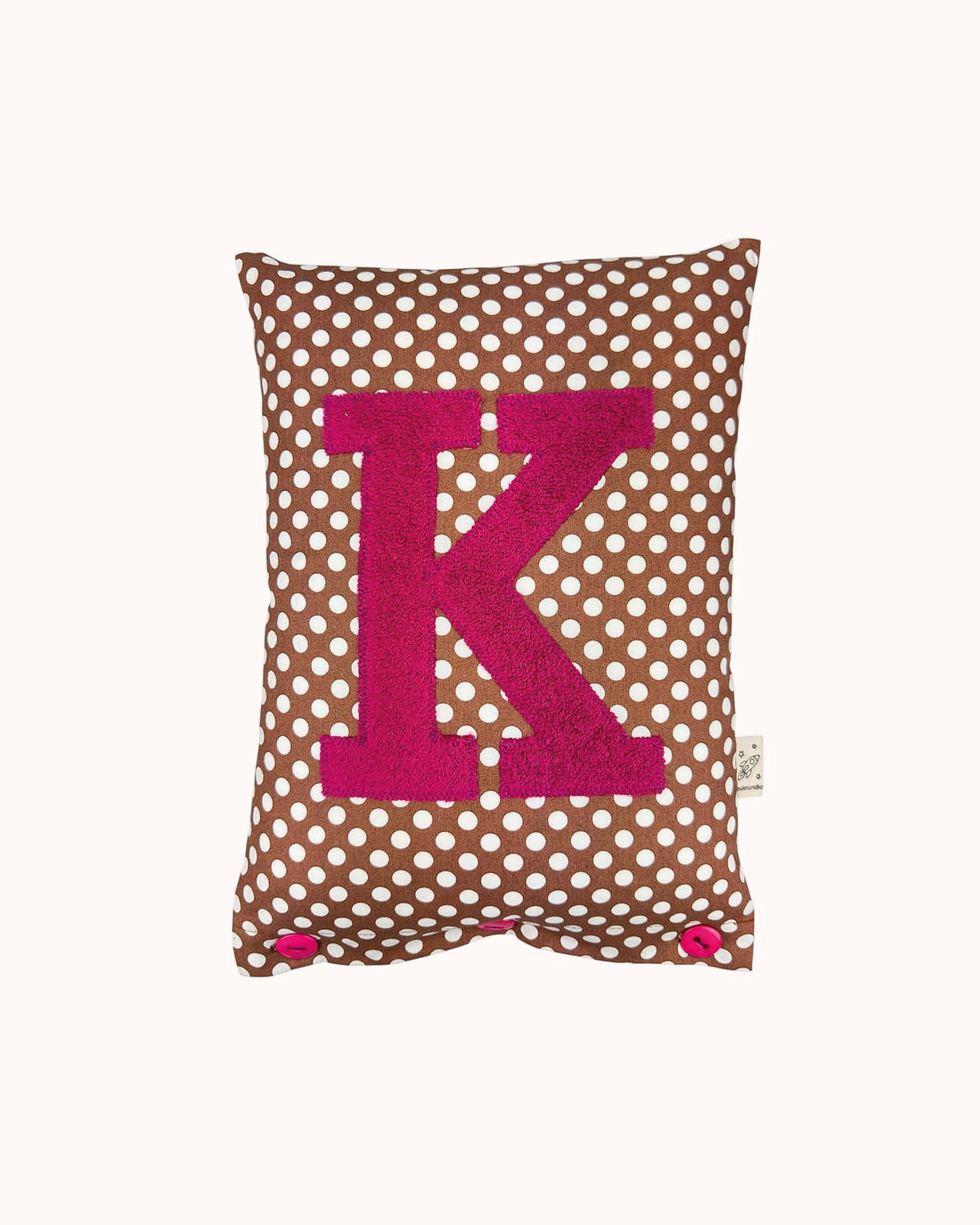 Letter Cushion K – Raspberry on Brown with white Dots