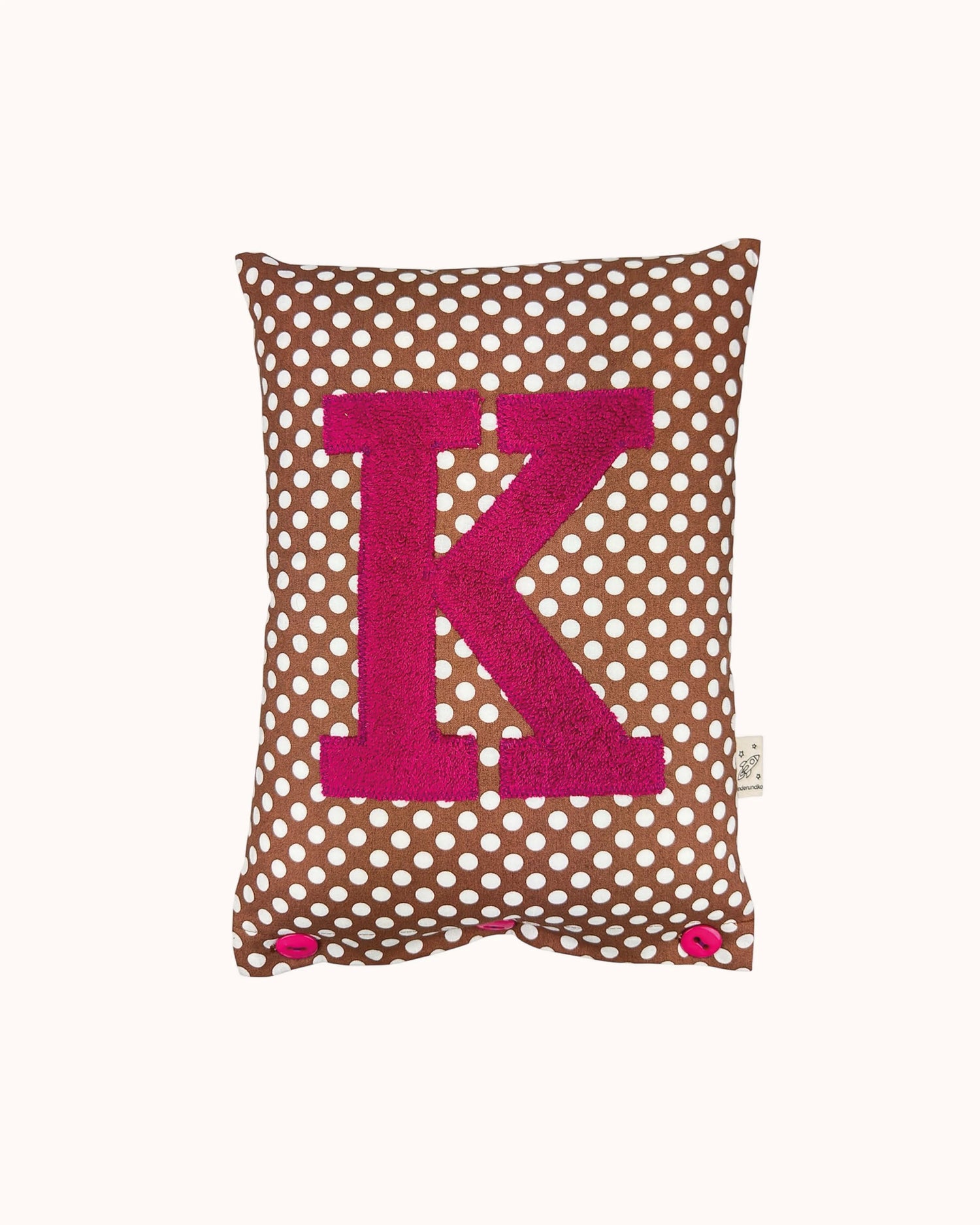 Letter Cushion K – Raspberry on Brown with white Dots
