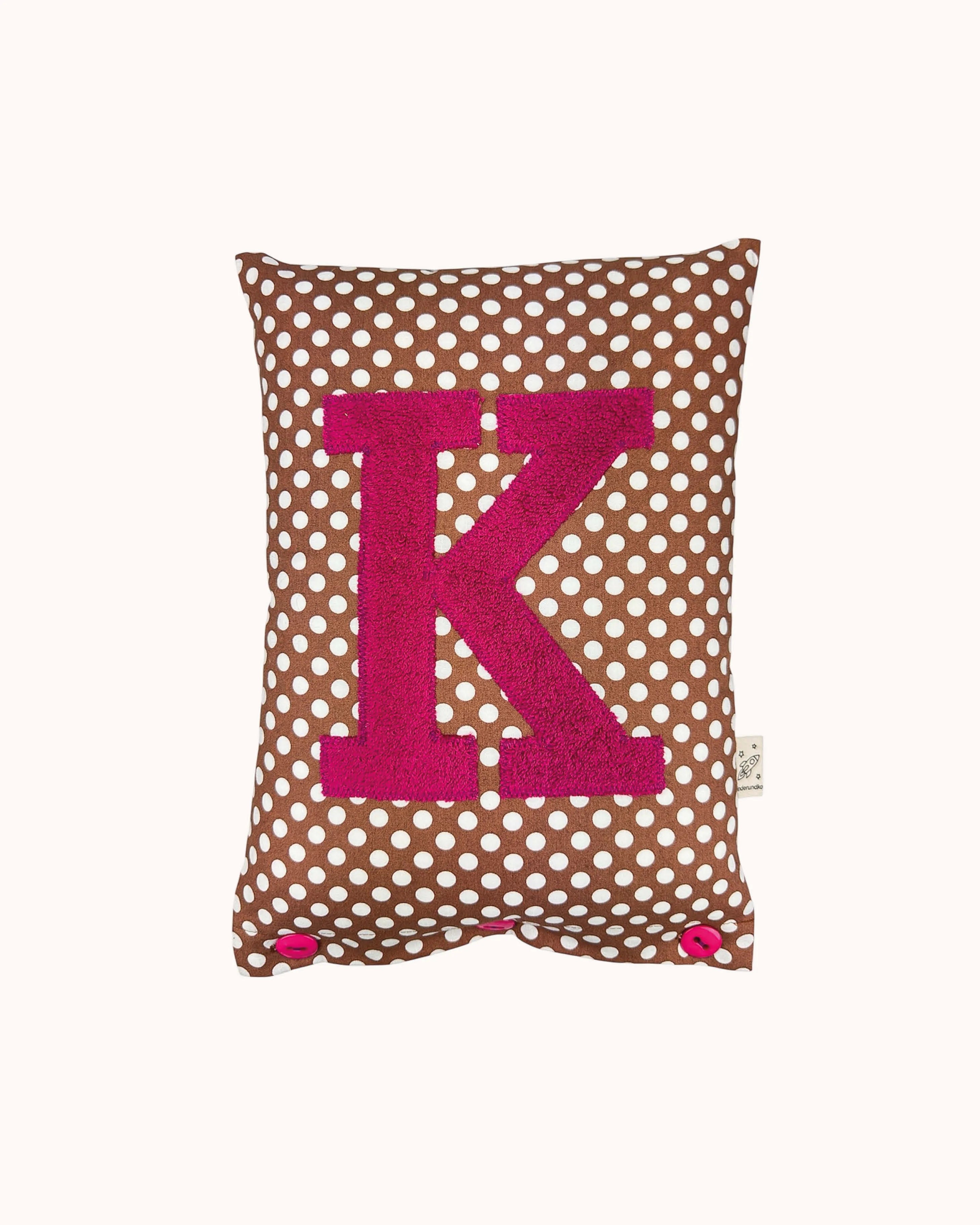 Letter Cushion K – Raspberry on Brown with white Dots