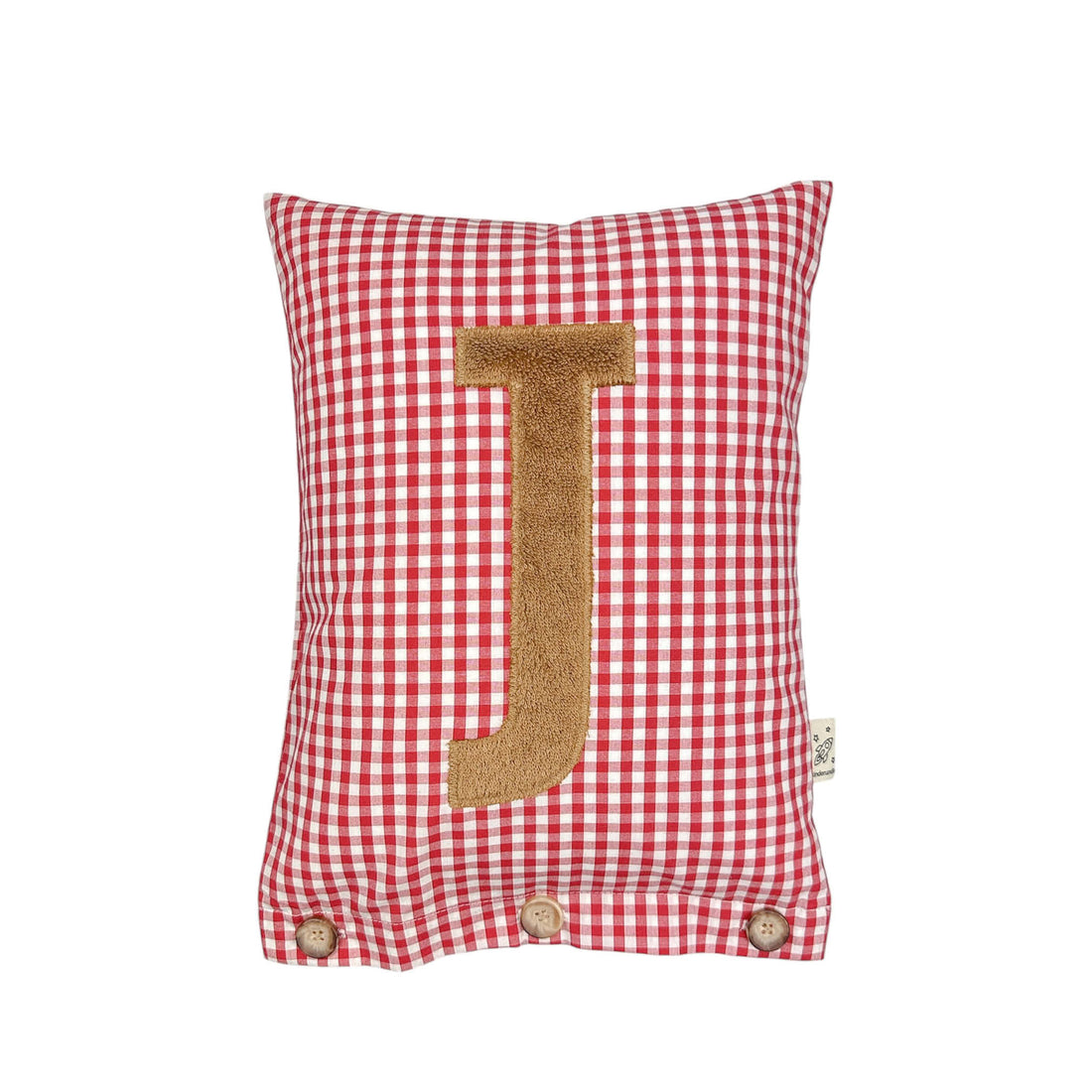 Letter Cushion Light Brown on red Gingham