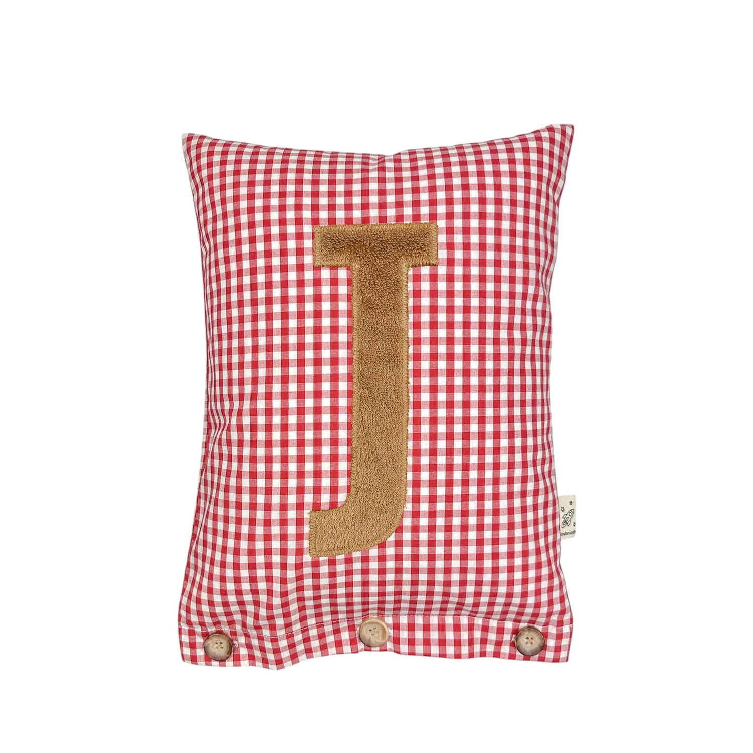 Letter Cushion Light Brown on red Gingham