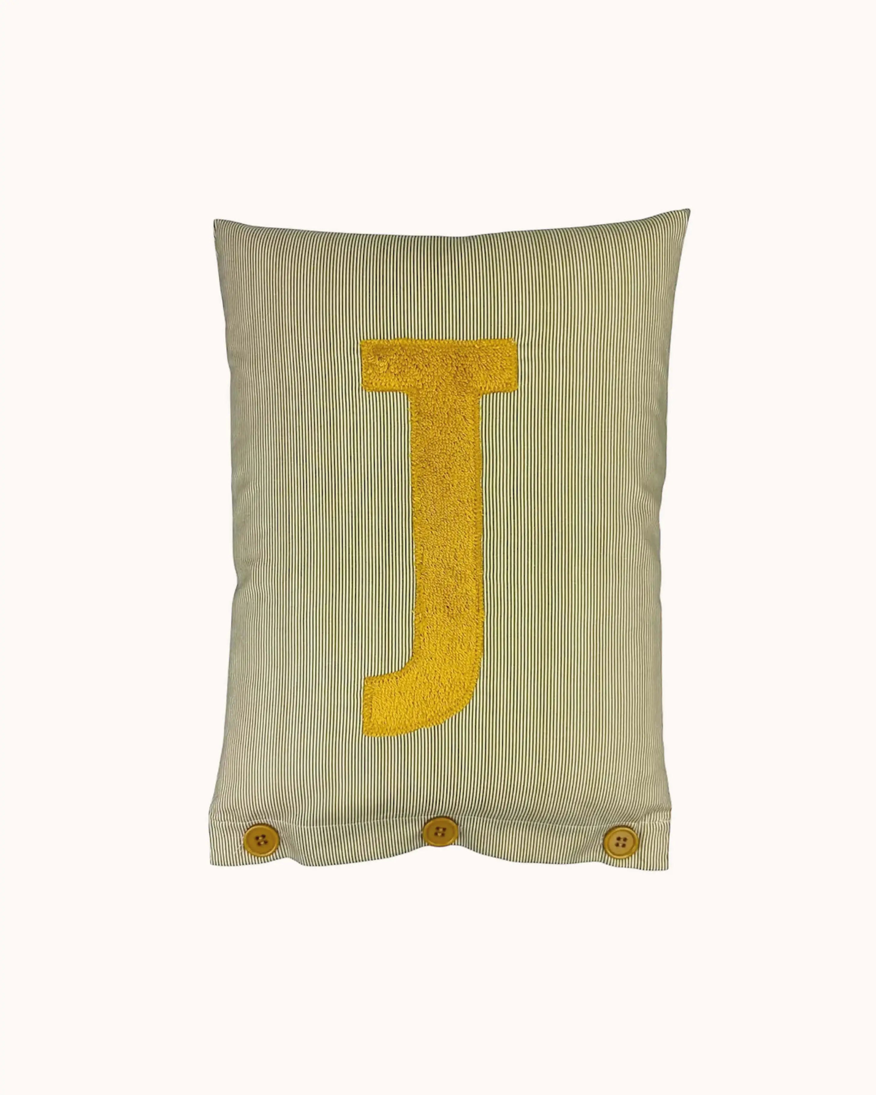 Letter Cushion Mustard Yellow on small olive/white Stripes