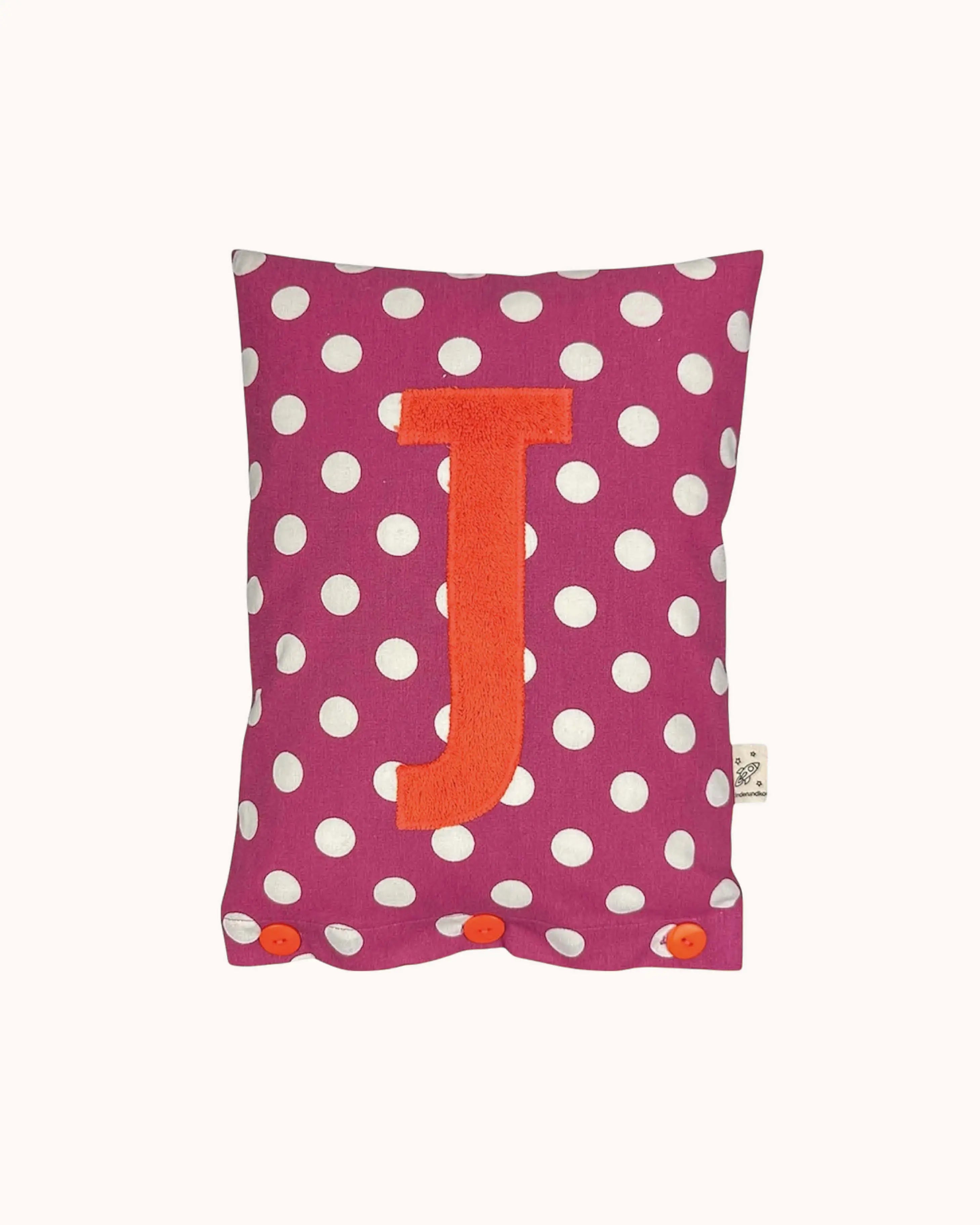 Letter Cushion J – Coral on grape purple with white Dots