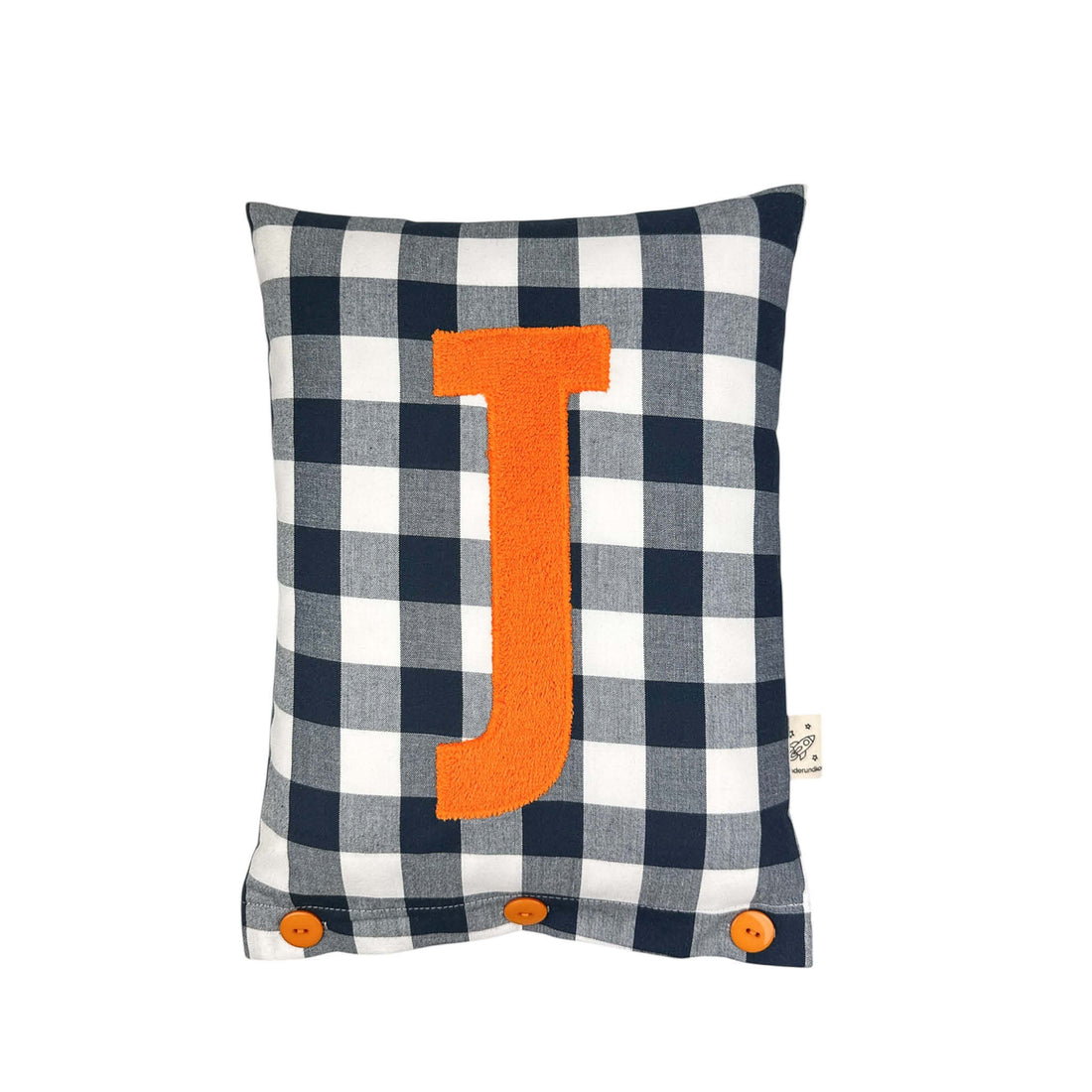 Letter Cushion Orange on navy blue Gingham