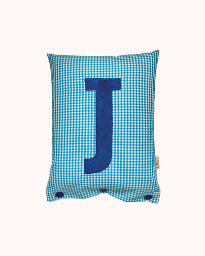 Letter Cushion Prussian Blue on Turquoise Gingham