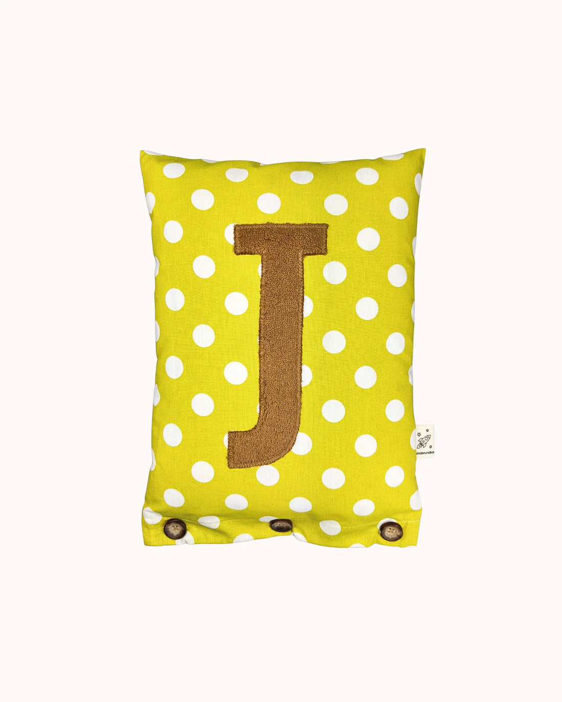 Letter Cushion J – Camel on Light Green with white Dots
