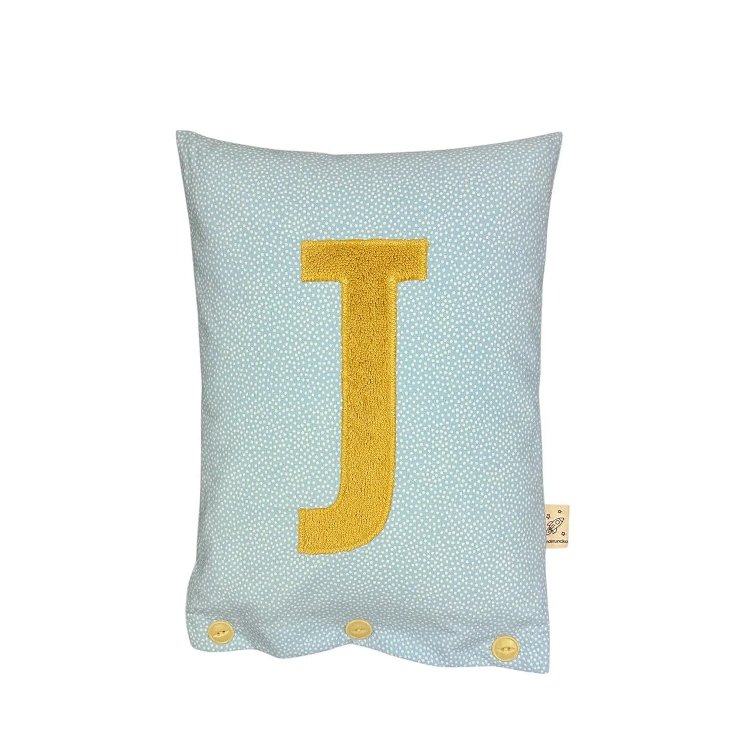 Buchstabenkissen J – Messing auf Hellblau mit kleinen weißen Pünktchen