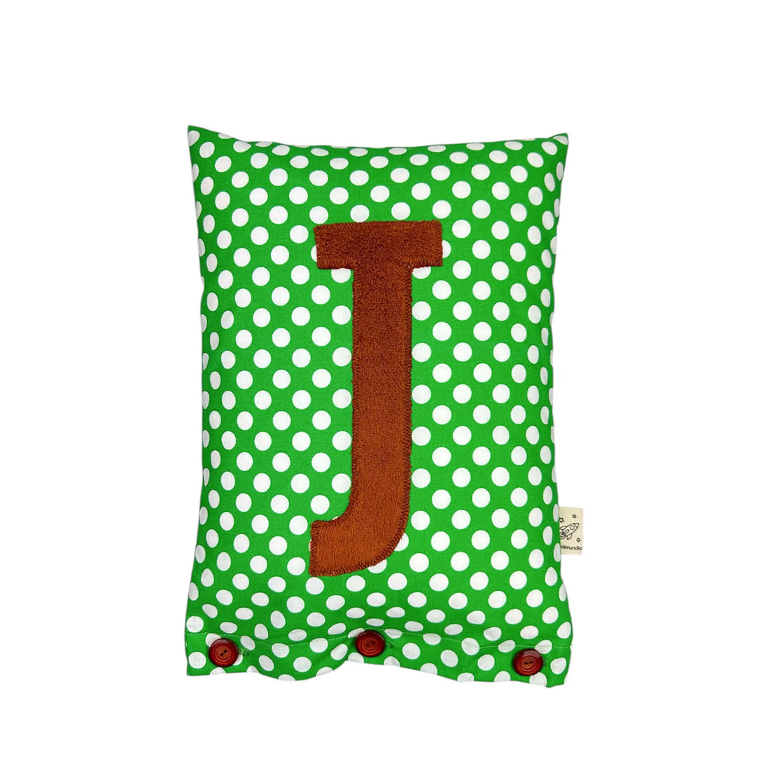 Buchstabenkissen J – Braun auf Grün mit weißen Punkten