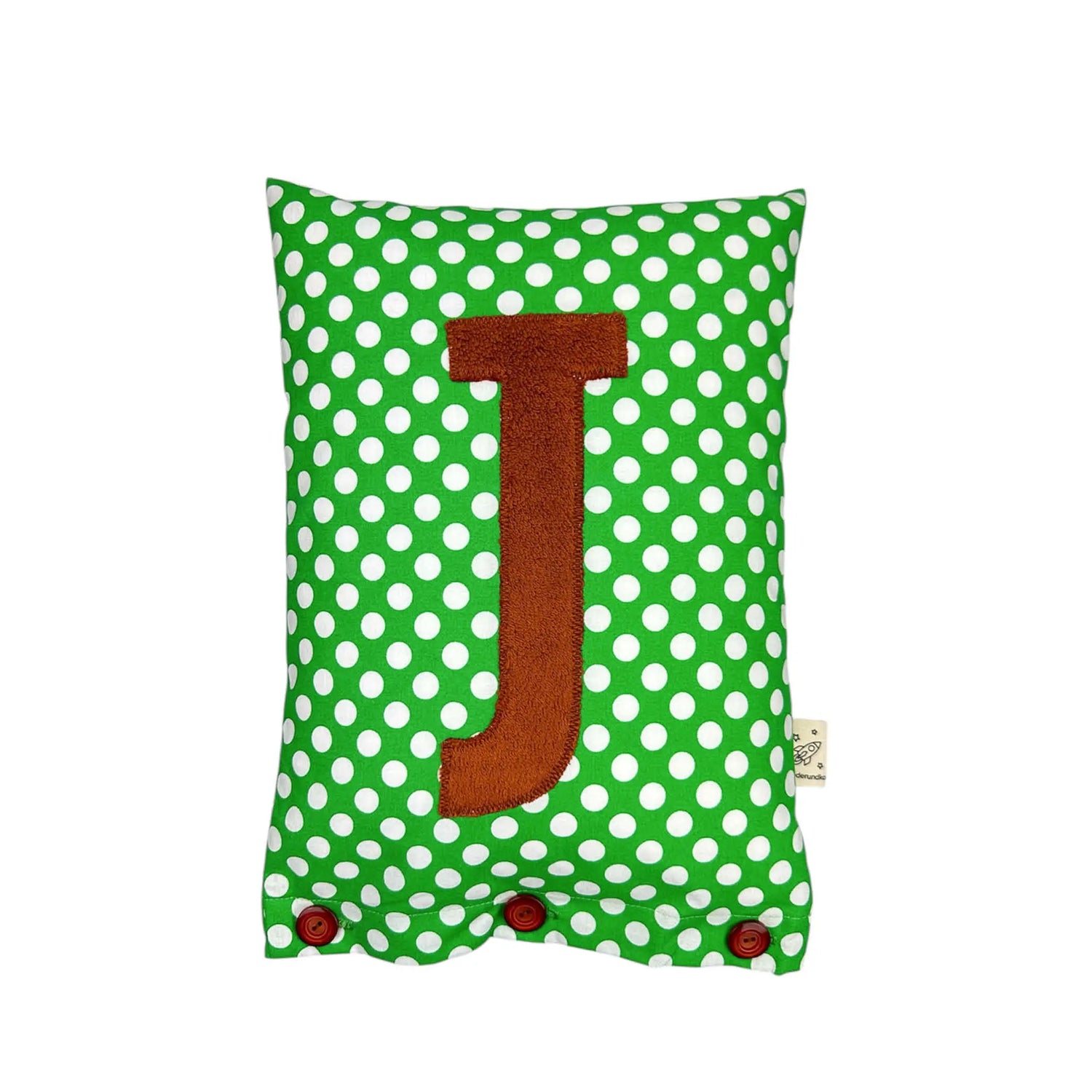 Buchstabenkissen J – Braun auf Grün mit weißen Punkten