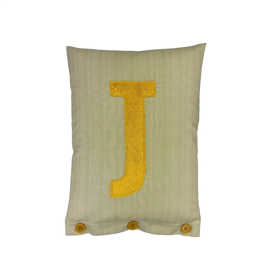 Letter Cushion Mustard Yellow on small olive/white Stripes