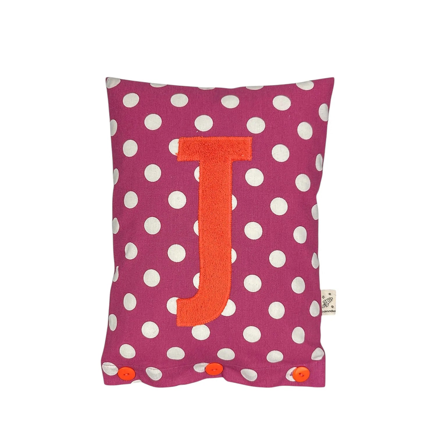 Letter Cushion J – Coral on grape purple with white Dots