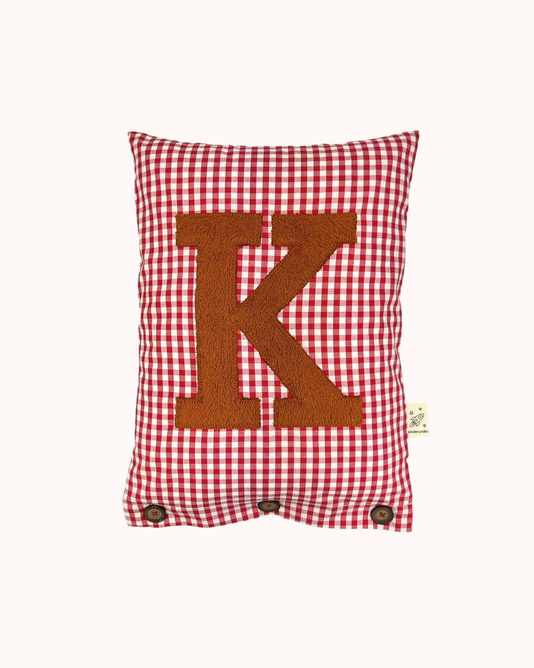 Letter Cushion Reddish-brown on red Gingham