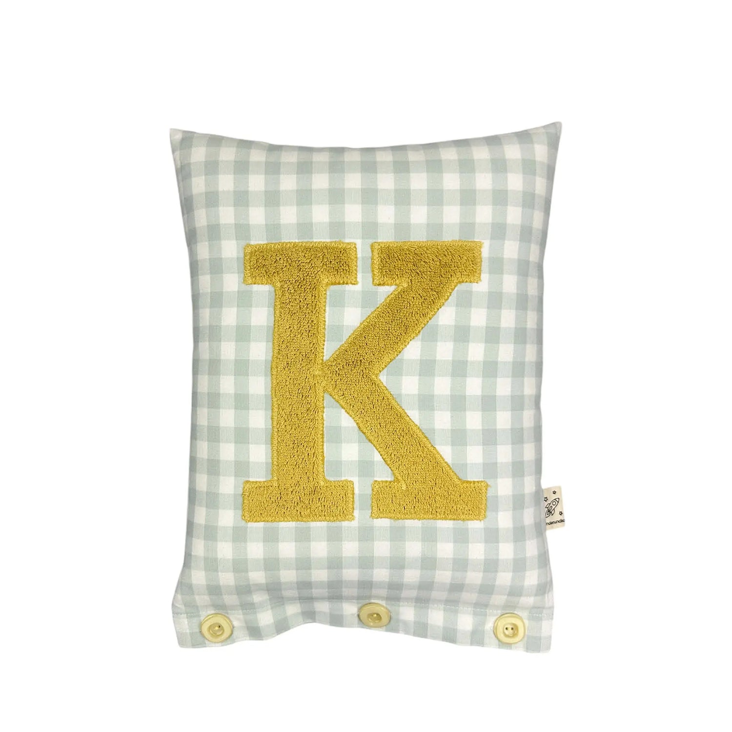 Letter Cushion K – Brass on sage Gingham