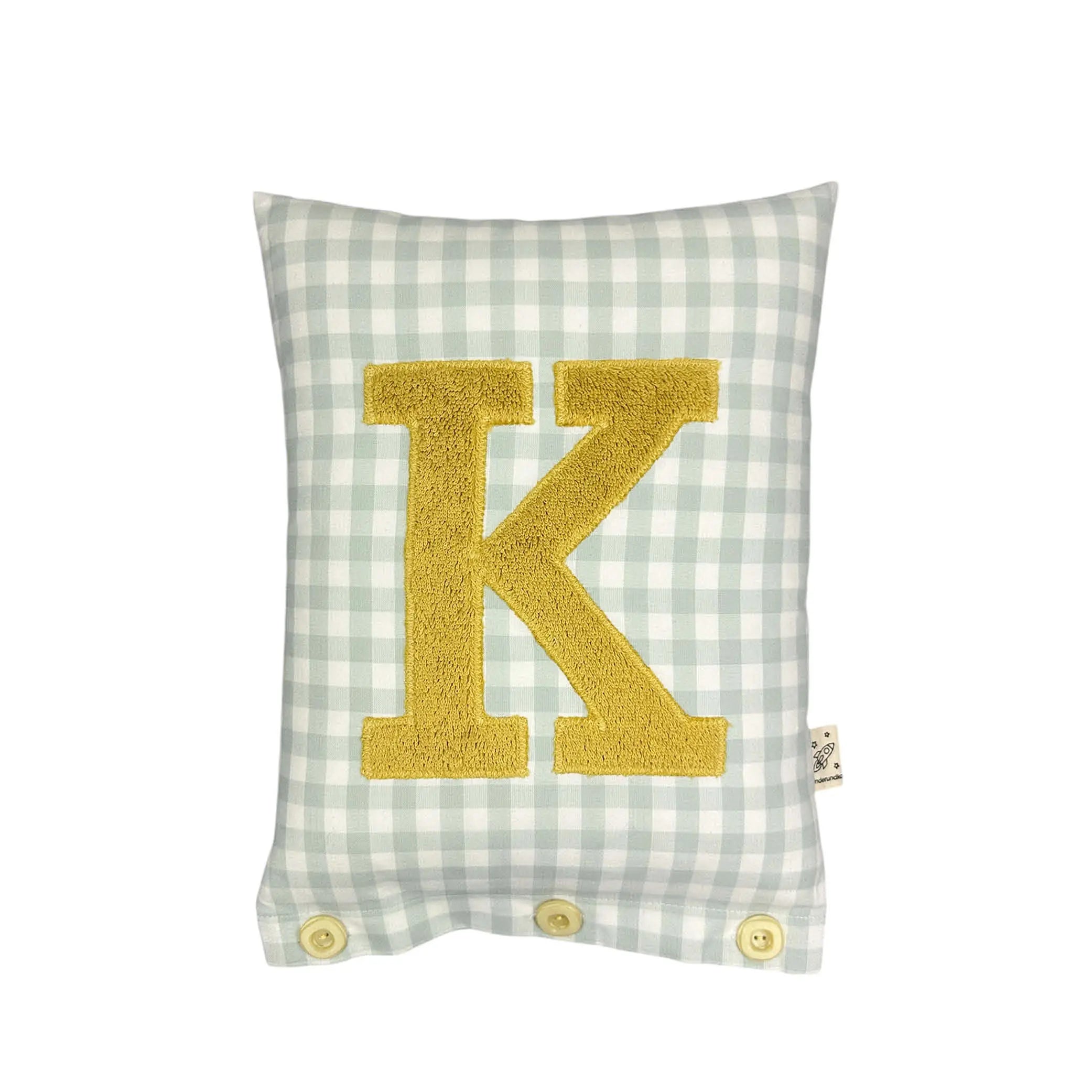 Letter Cushion K – Brass on sage Gingham