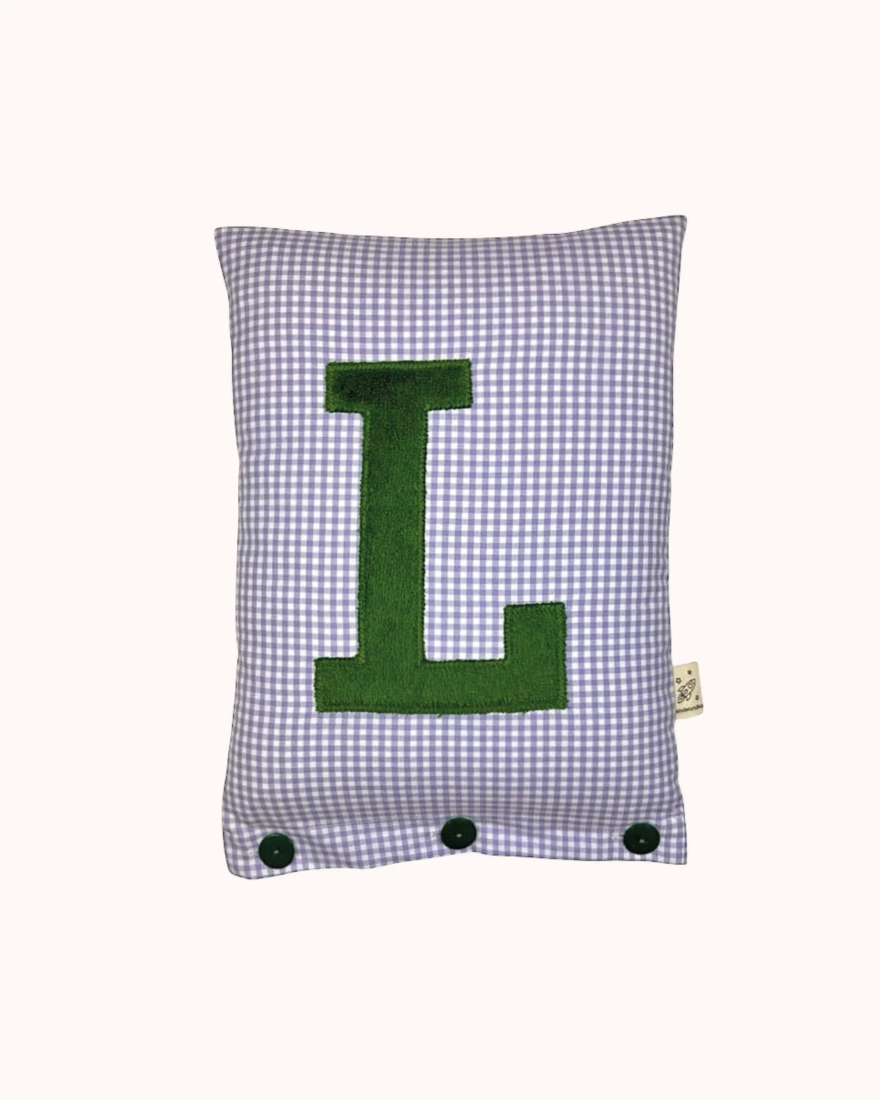 Letter Cushion Dark Green on Lilac Gingham