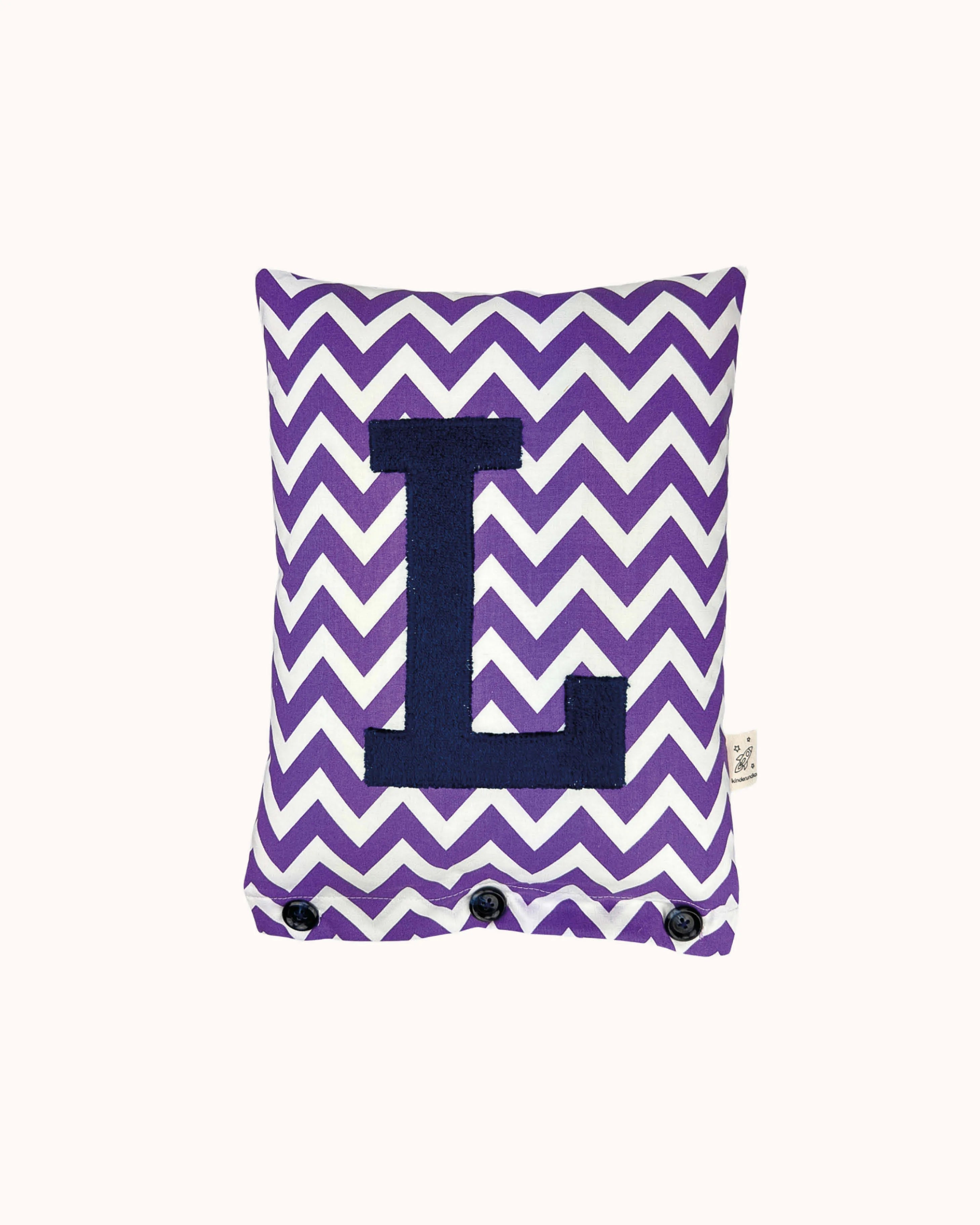 Letter Cushion Navy blue on White with purple Zigzag