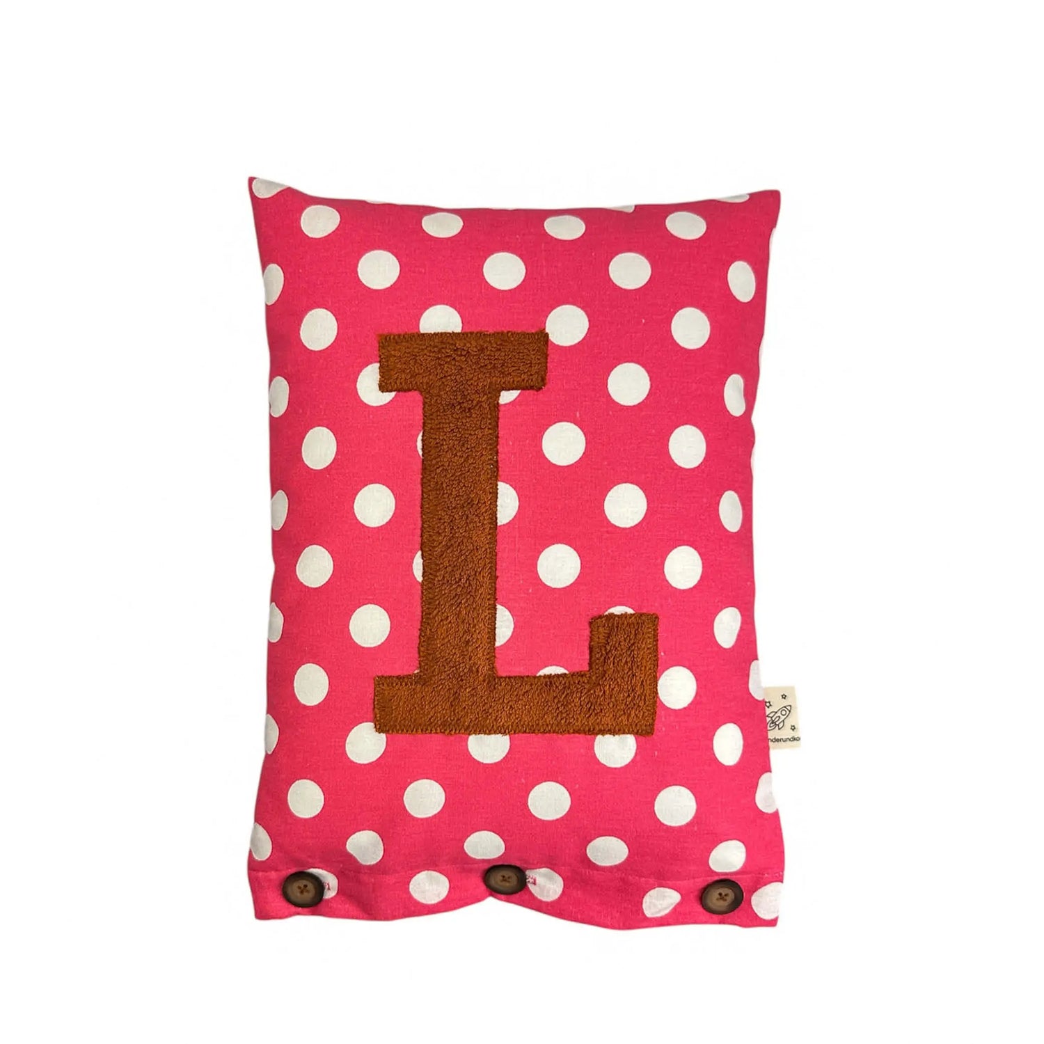 Letter Cushion L – Brown on dark pink with white Dots