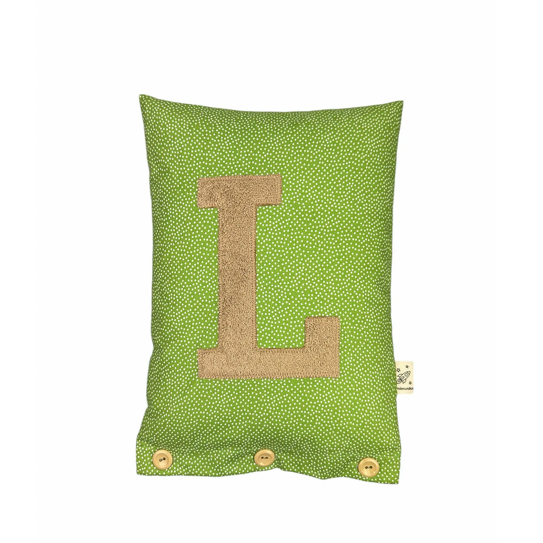 Buchstabenkissen L – Dunkelbeige auf Grasgrün mit weißen Pünktchen