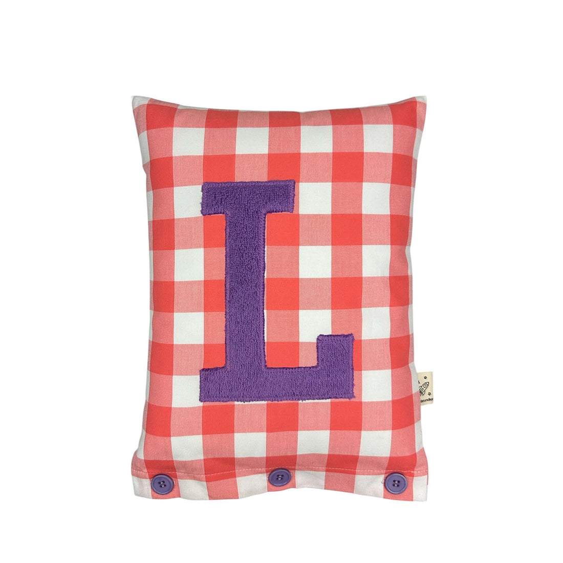 Letter Cushion Purple on coral red Gingham