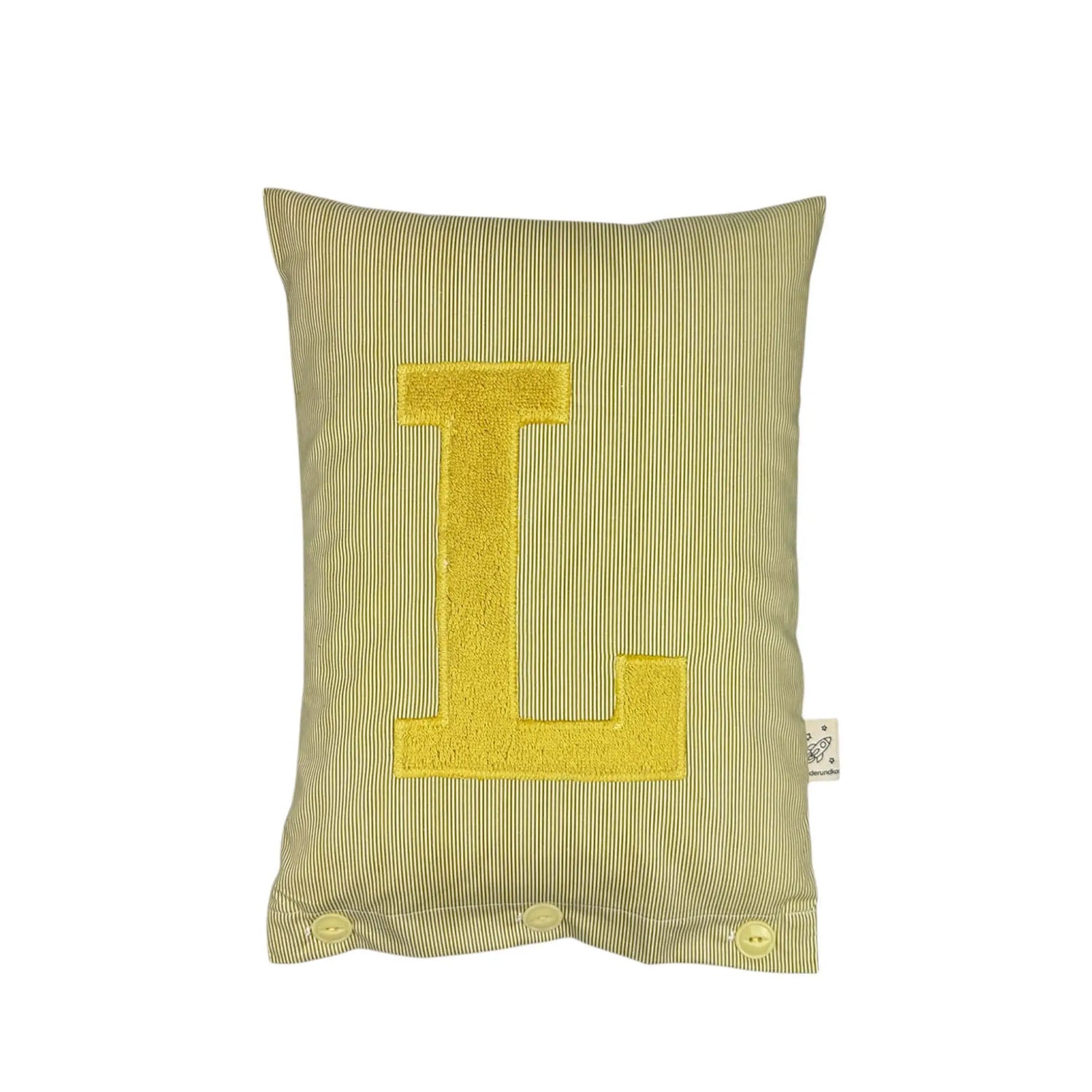 Buchstabenkissen L – Messing auf kleinen oliv/weißen Streifen