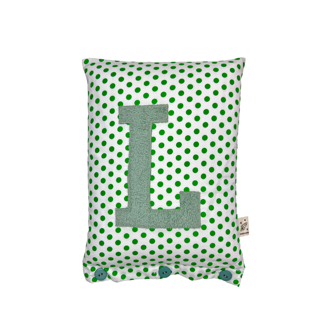 Letter Cushion L, Sage on White with green Dots