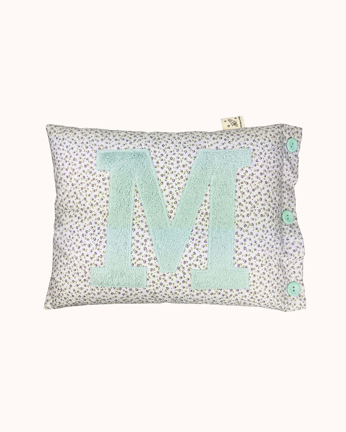 Letter Cushion M – Light Blue on Lilac with Flowers
