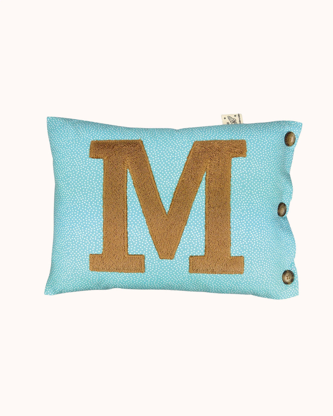 Letter Cushion Camel on Mint with white Dotties