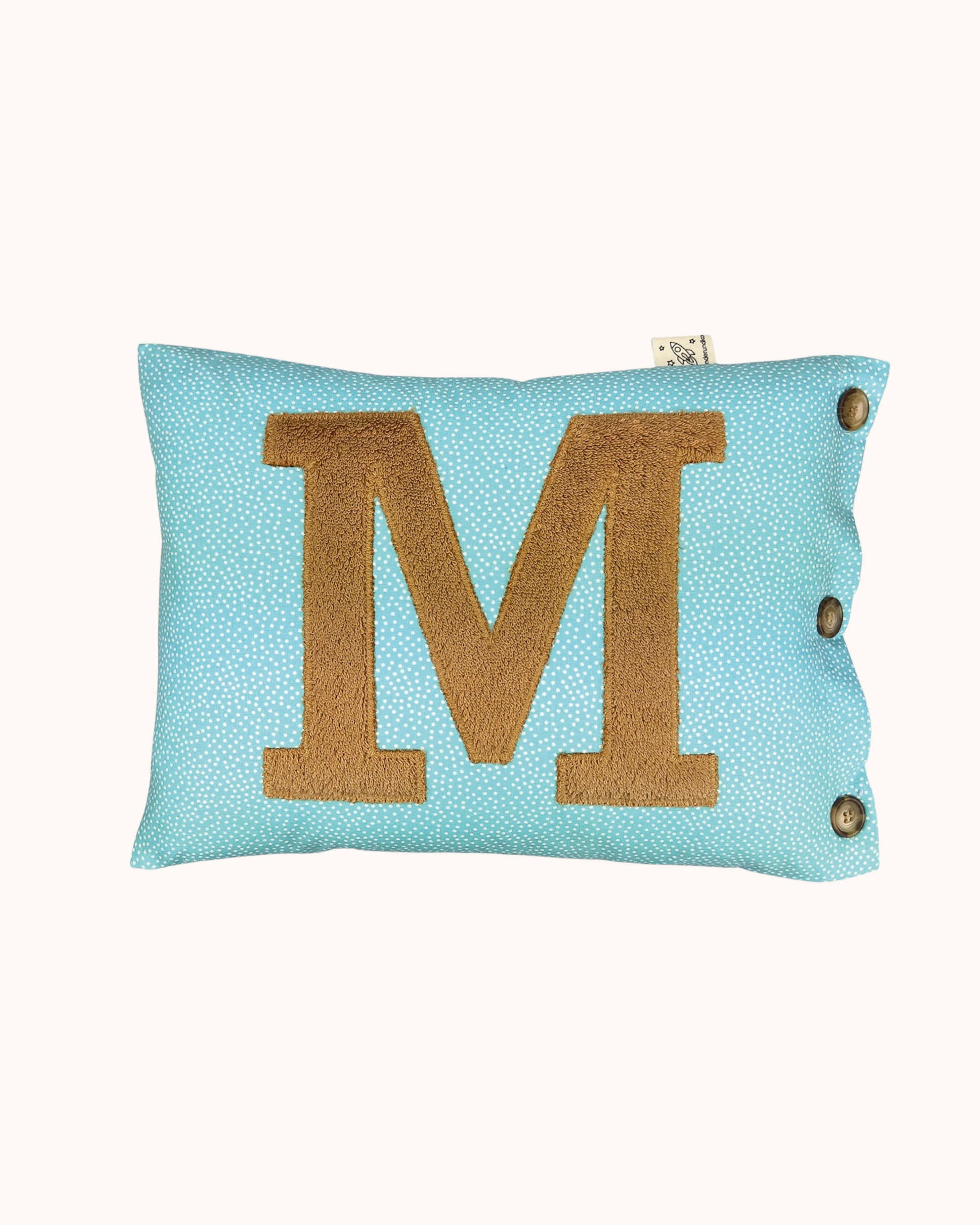 Letter Cushion Camel on Mint with white Dotties