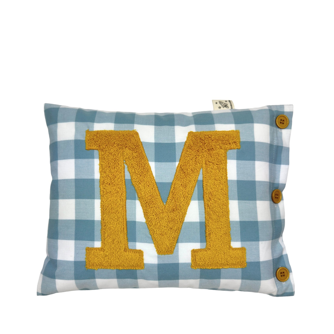 Letter Cushion M, Turmeric on Pigeon Blue Gingham