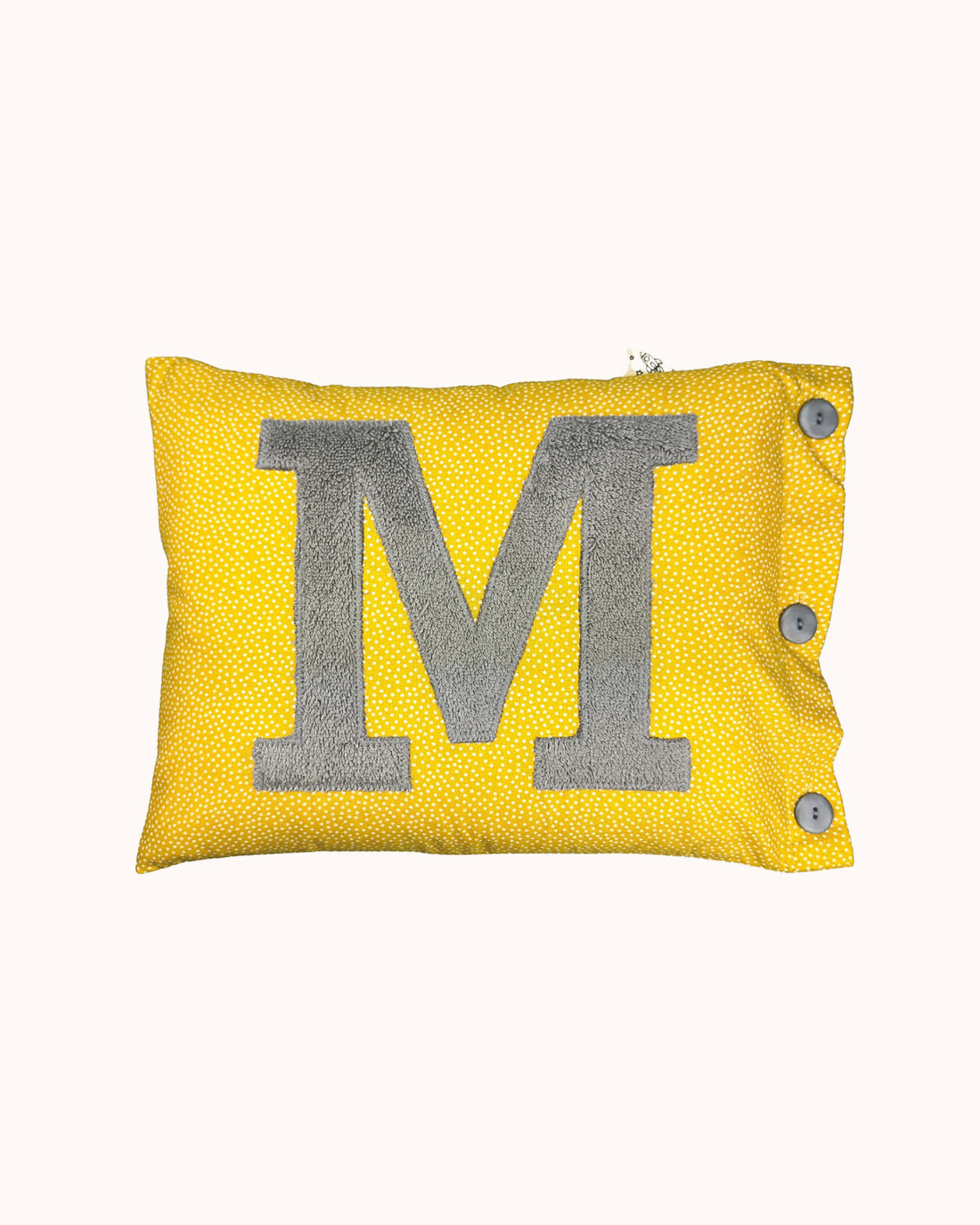 Letter Cushion M – Grey on Yellow Gold with white Dotties