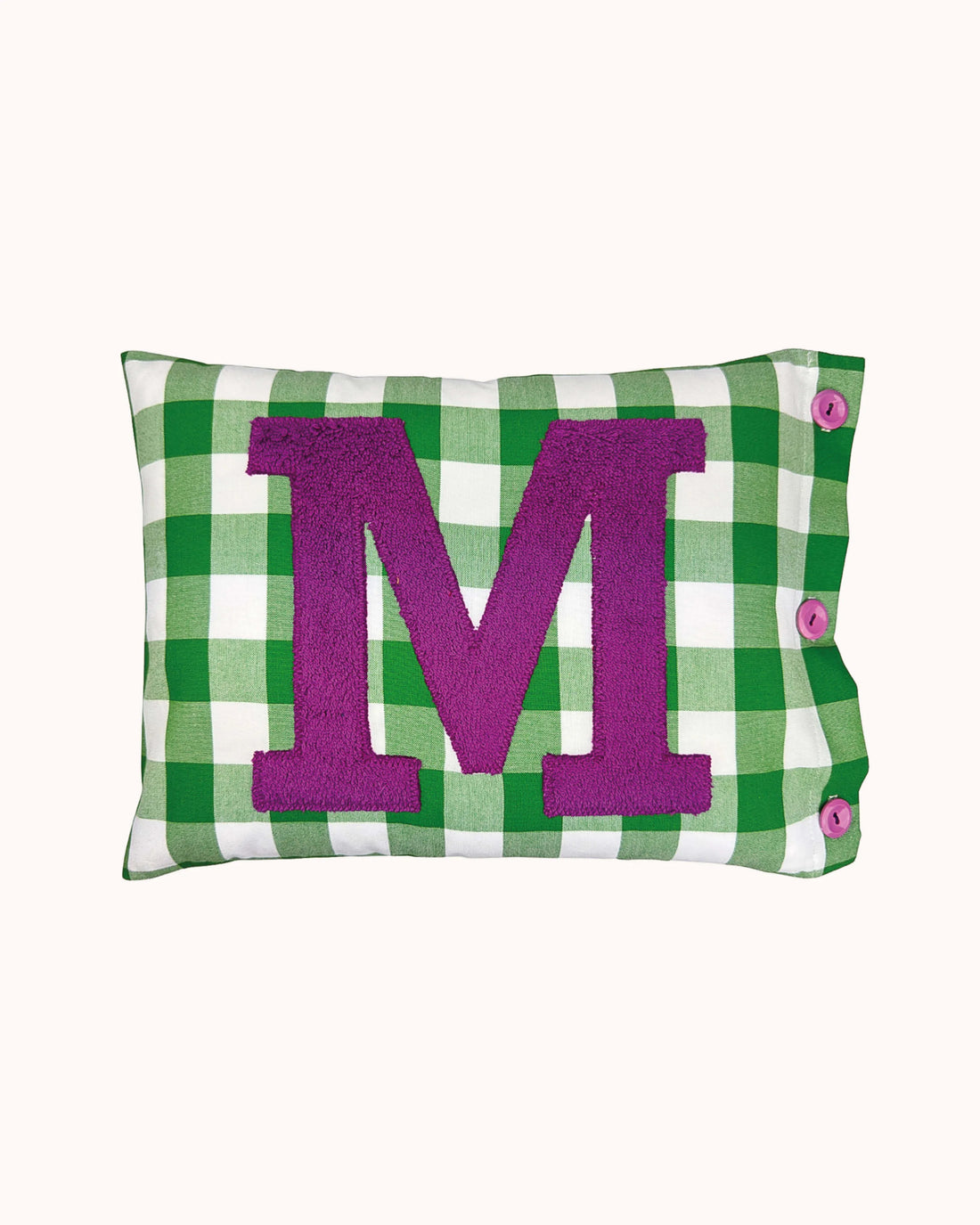 Letter Cushion M – Jacaranda Purple on green Gingham