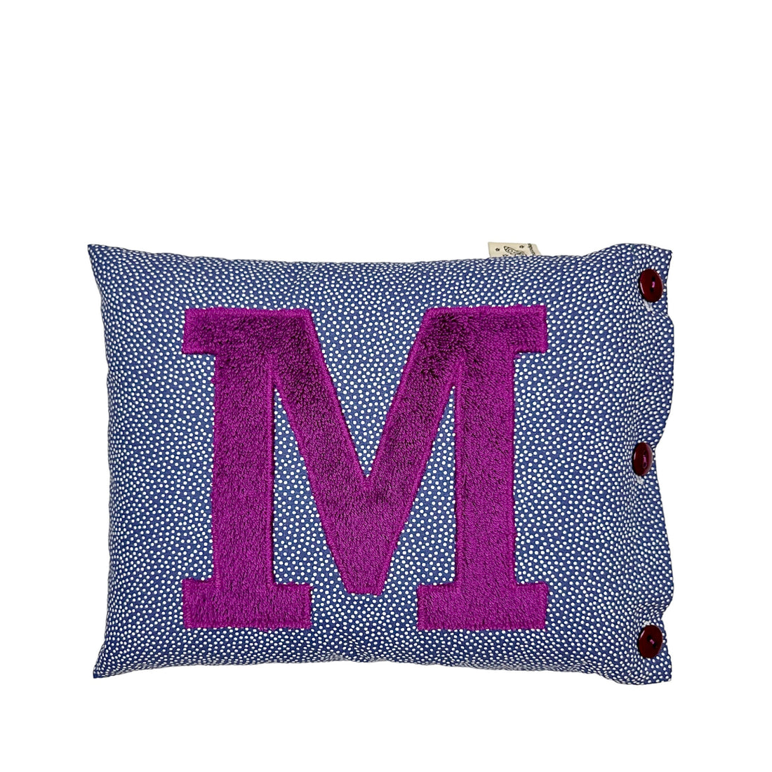 Letter Cushion M, Jacaranda-Purple on Bluegrey with white Dotties