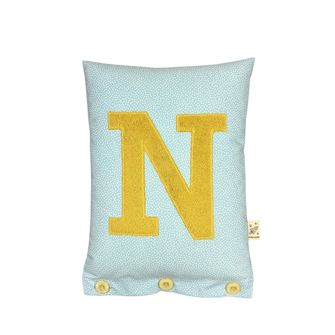 Letter Cushion N – Brass on Light Blue with small white Dotties