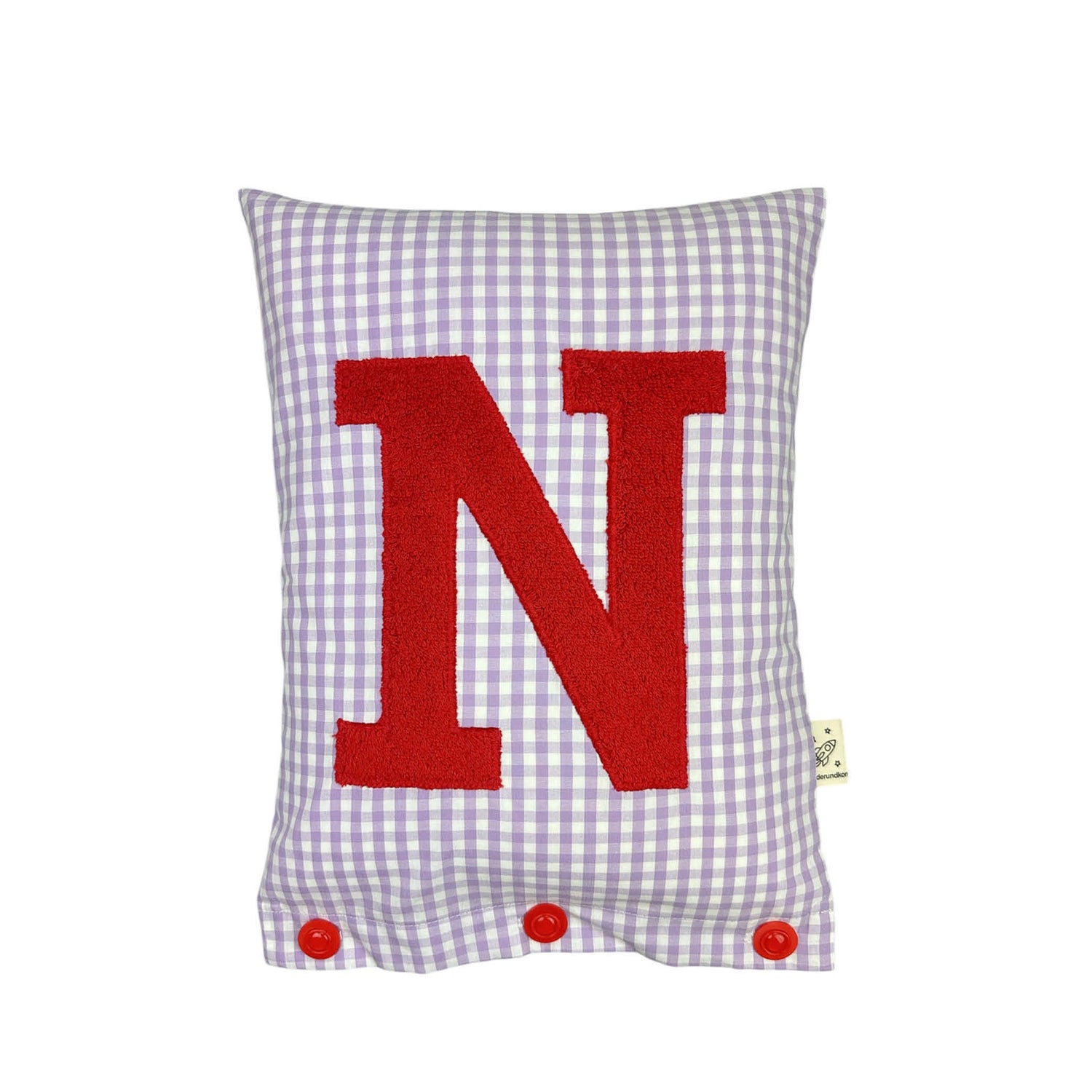 Coussin Lettre Rouges sur lilas Carreaux Vichy