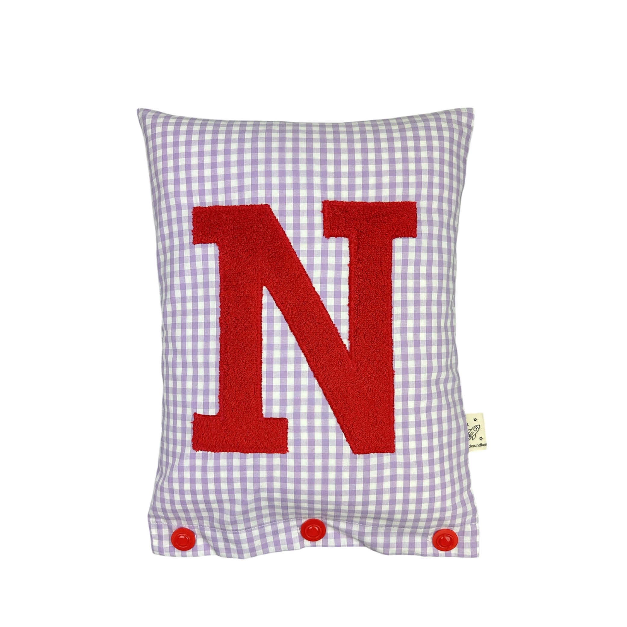 Coussin Lettre Rouges sur lilas Carreaux Vichy